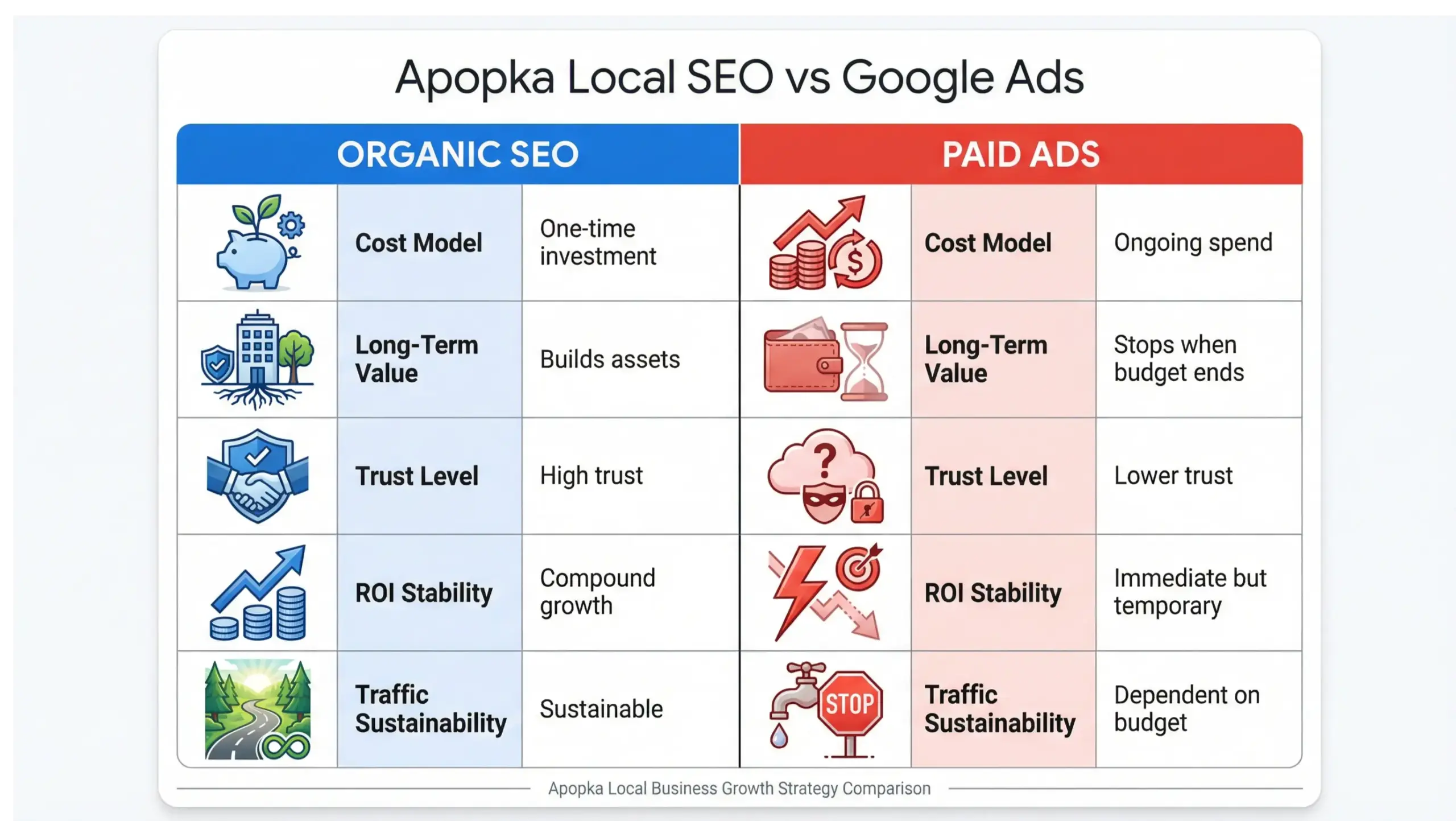 Apopka local SEO vs Google Ads infographic comparing long term growth and paid traffic