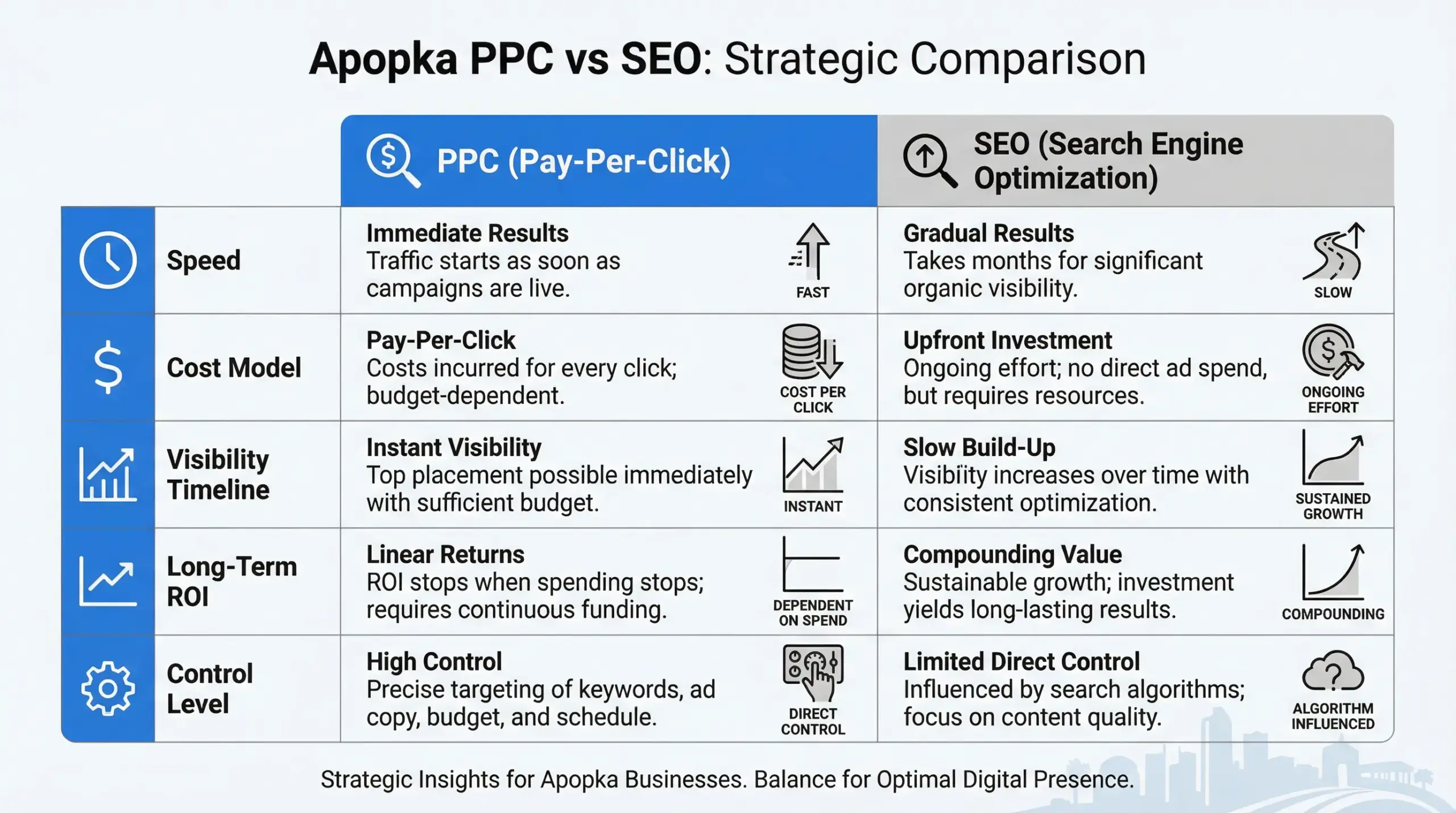 Apopka PPC vs SEO comparison infographic showing speed, cost model and ROI differences for local businesses