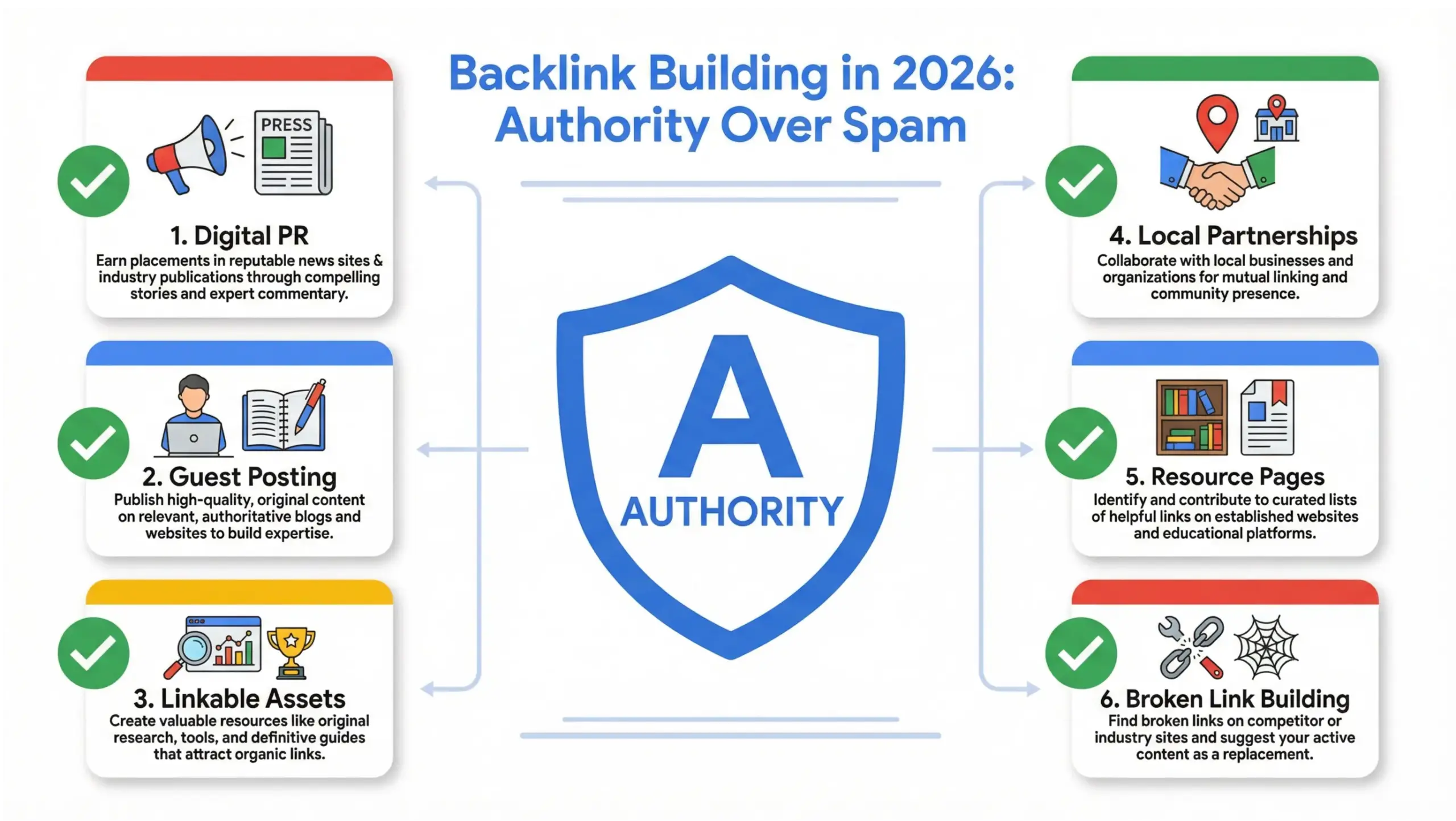 Strategic backlink building infographic showing authority link methods in 2026