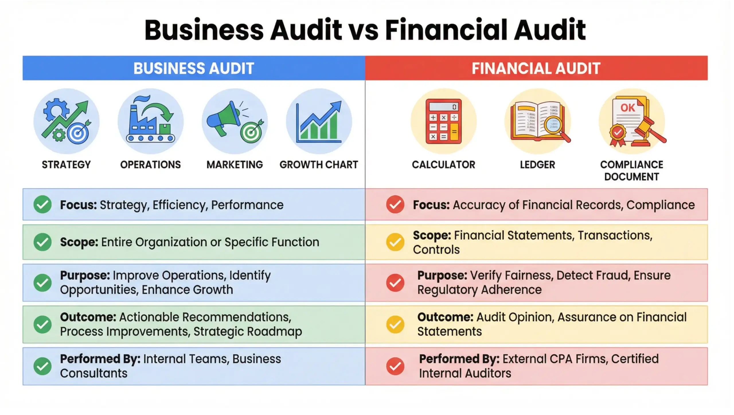 Business audit vs financial audit comparison infographic explaining differences in scope, strategy, and performance impact