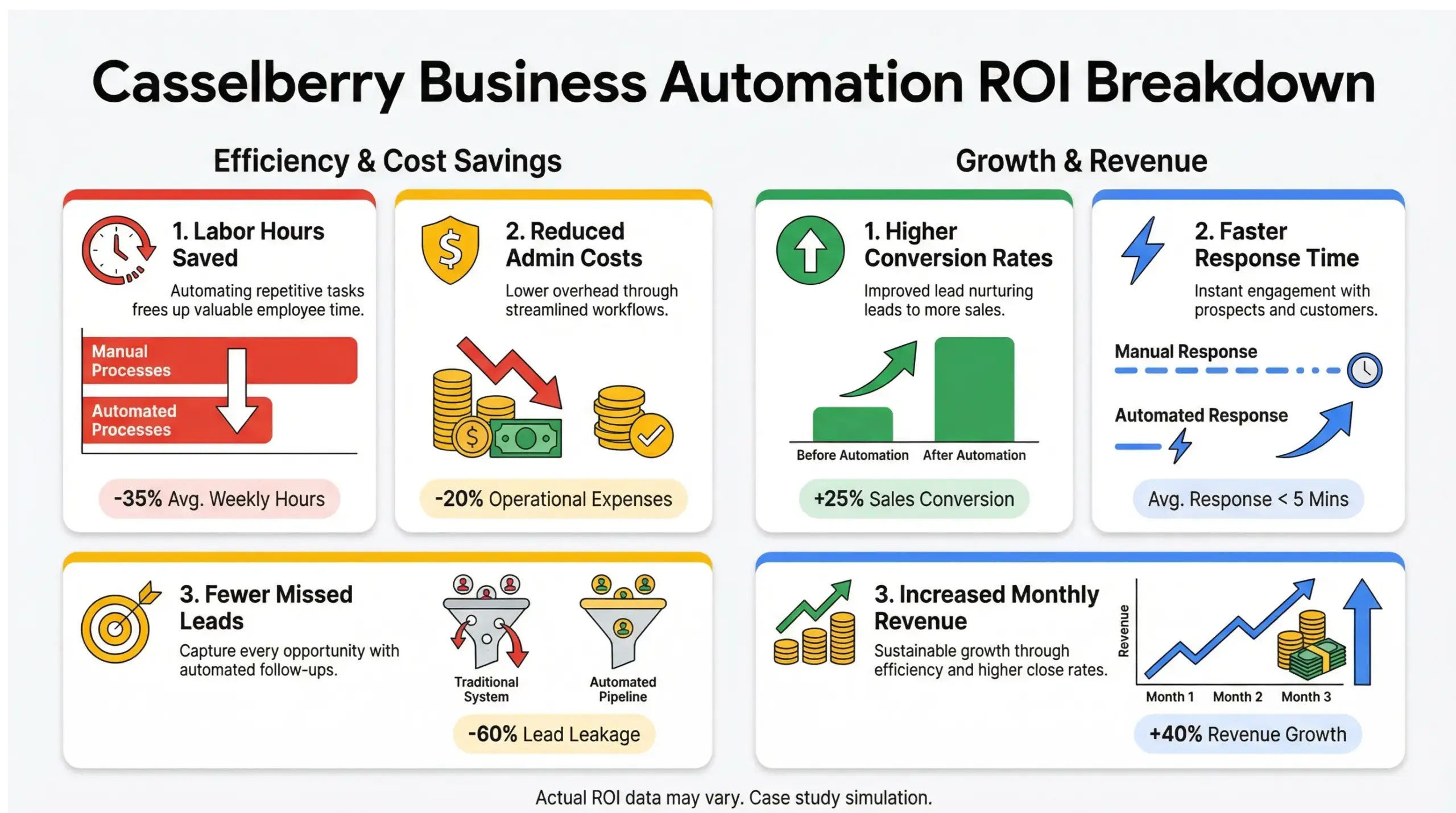 ROI breakdown chart showing cost savings and revenue growth from casselberry business automation implementation