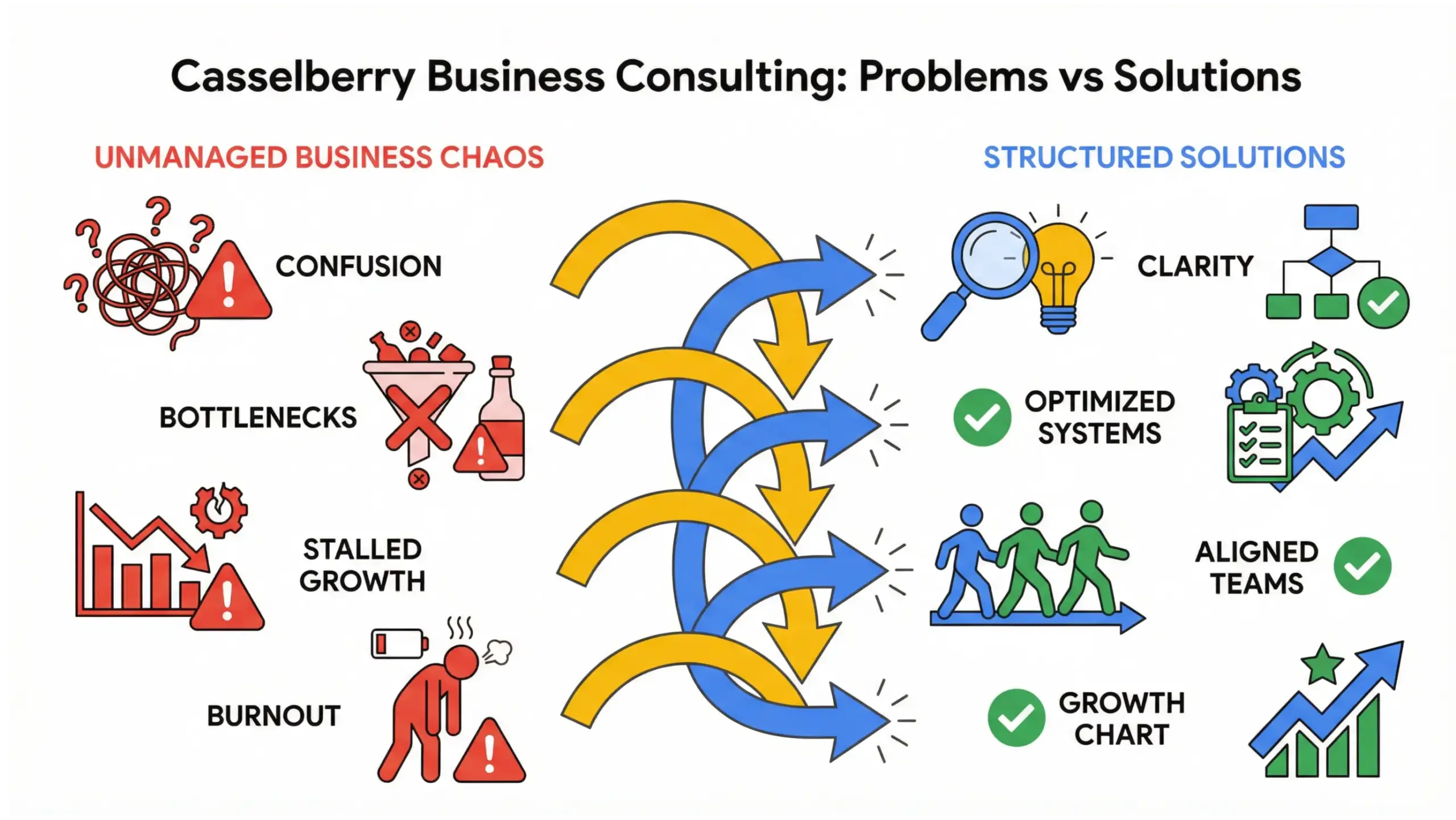 Casselberry business consulting infographic comparing common business problems and structured solutions