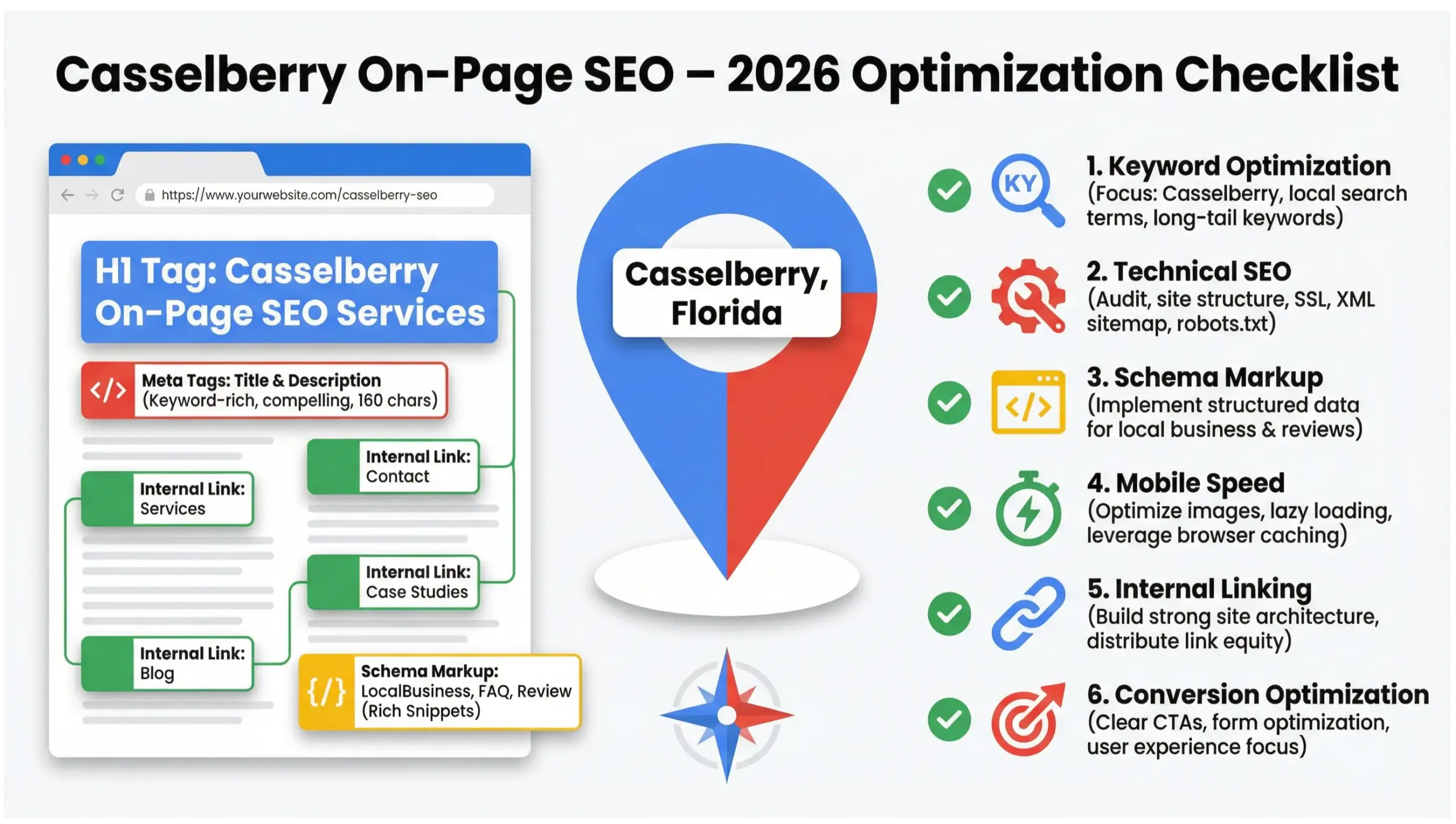 Casselberry on-page SEO infographic showing 2026 optimization checklist for local business rankings
