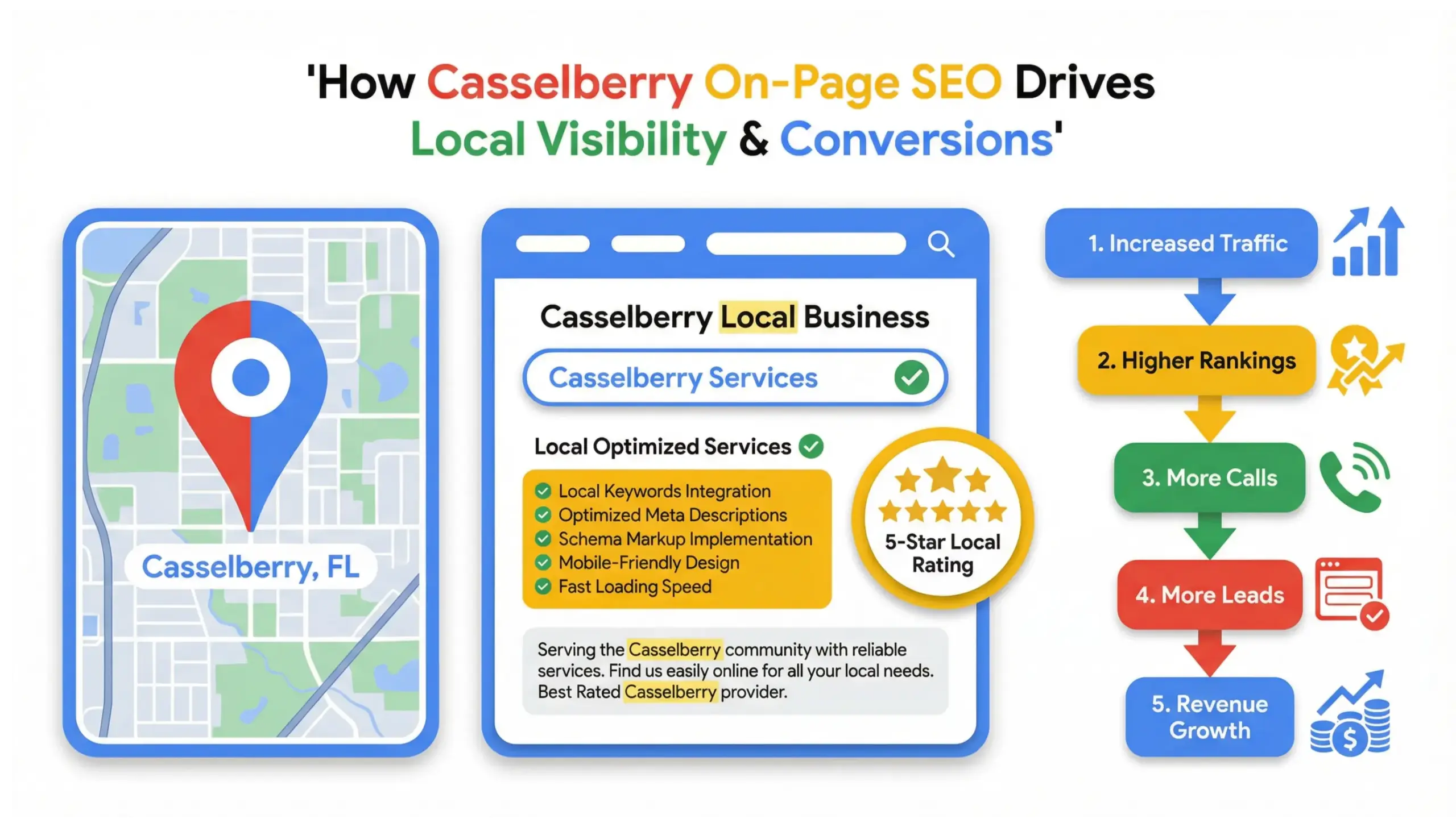 Casselberry on-page SEO local visibility and conversion optimization infographic for Florida businesses