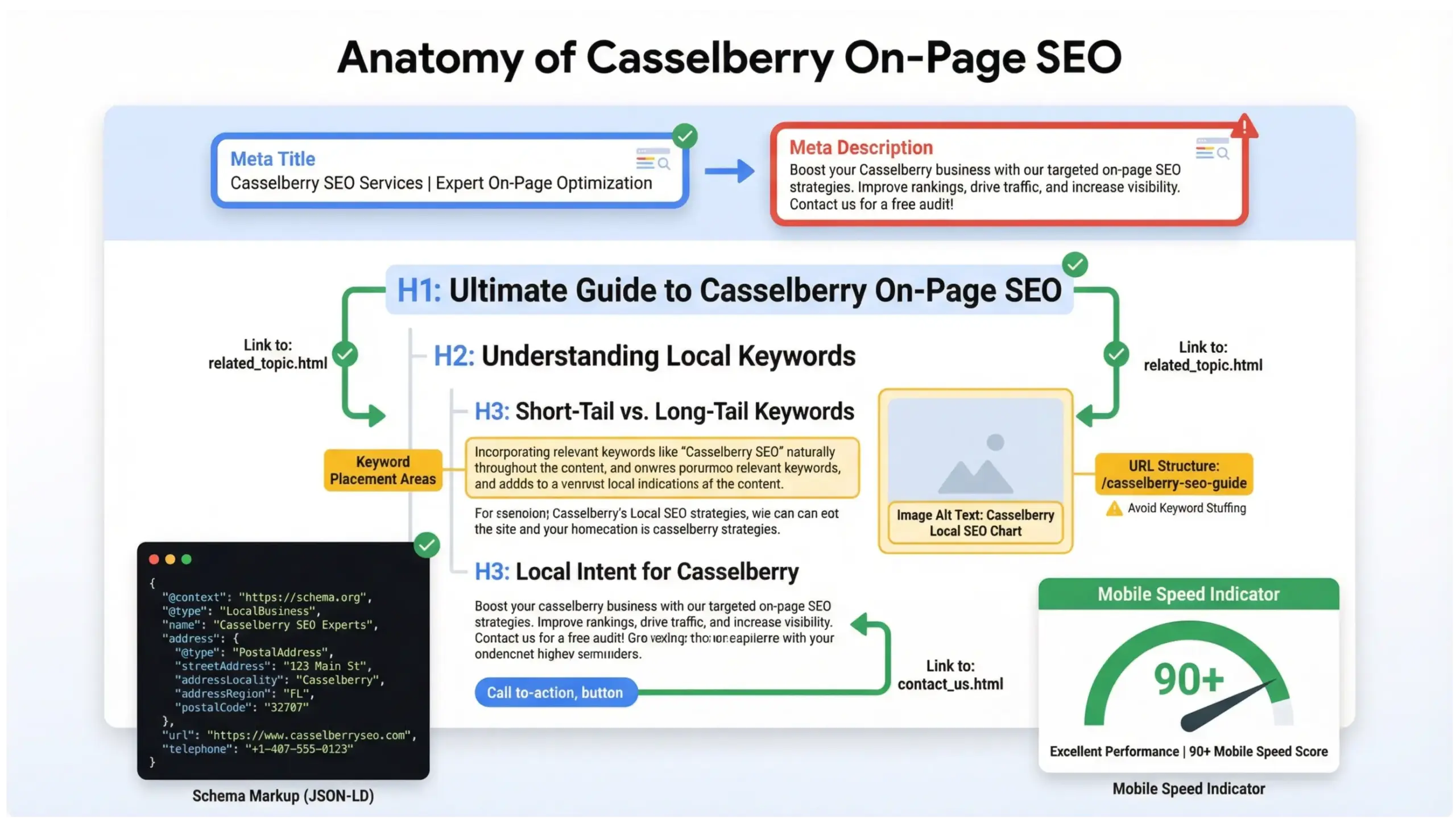 Casselberry on-page SEO page structure breakdown infographic with headings meta tags and schema markup