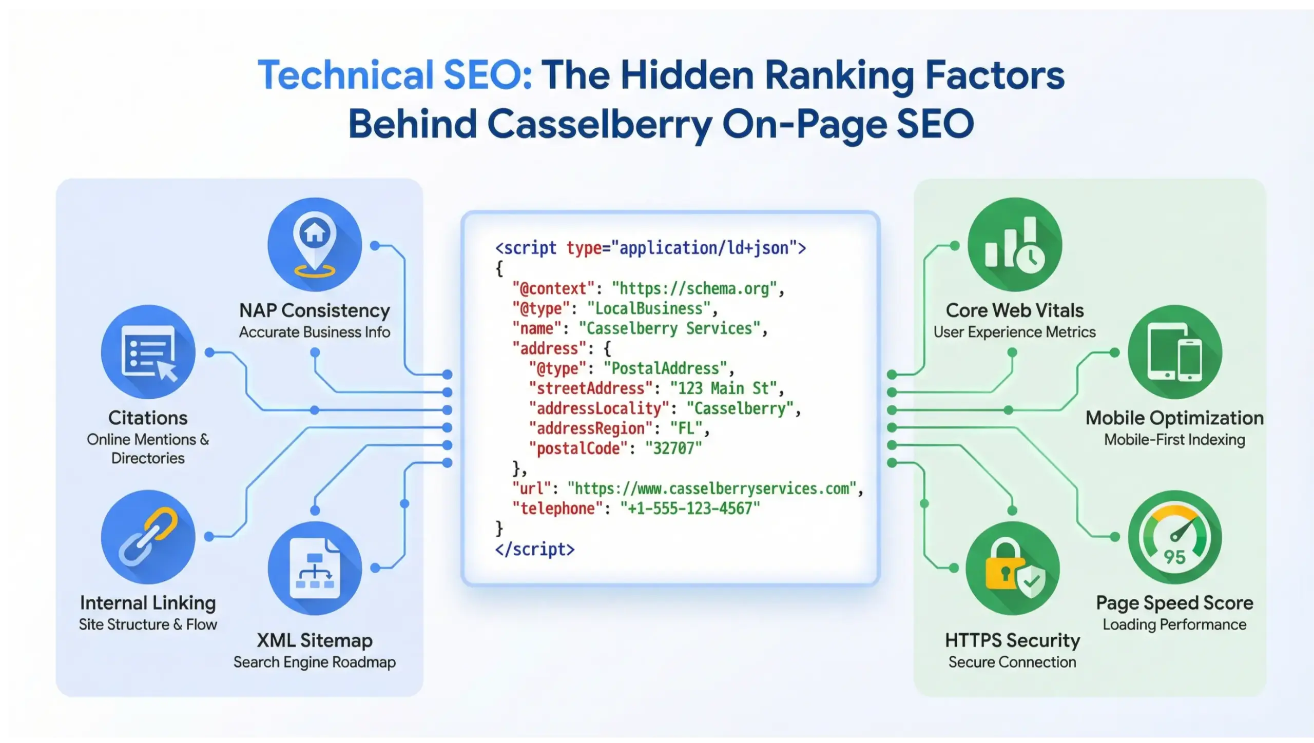 Casselberry on-page SEO technical ranking factors infographic showing speed schema and mobile optimization