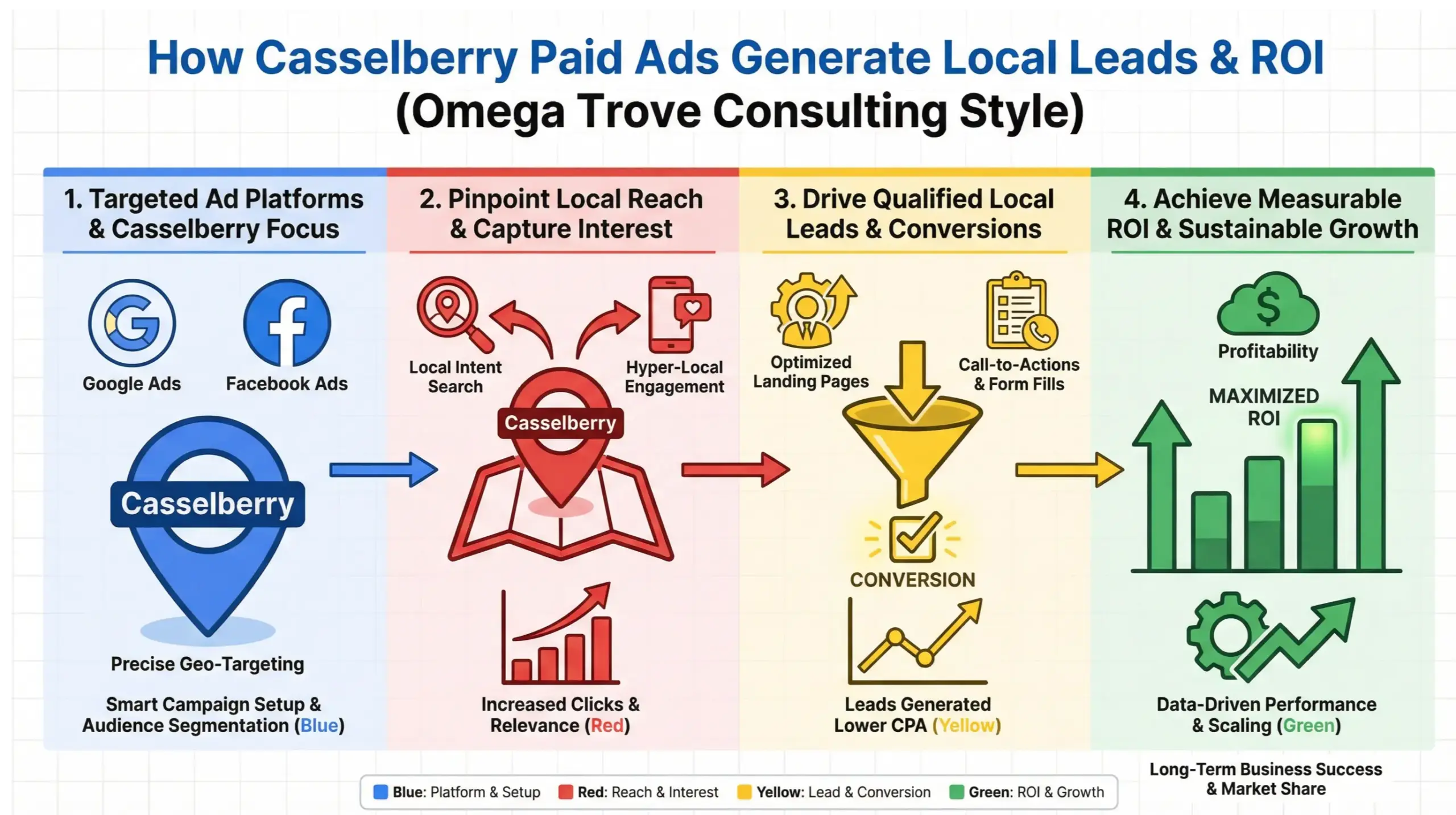 Casselberry paid ads infographic showing local advertising platforms, lead generation, and ROI growth for businesses
