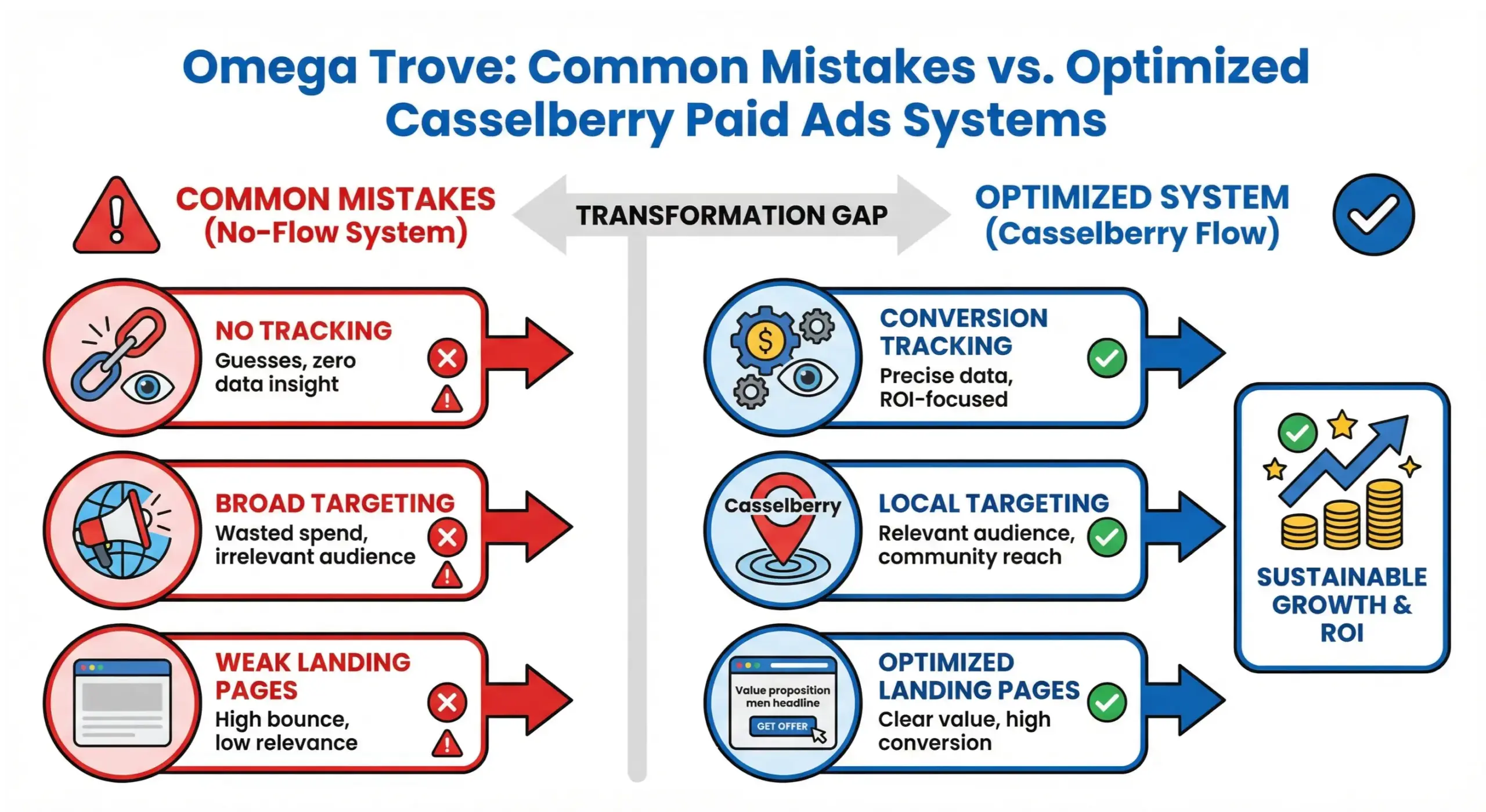 Casselberry paid ads infographic comparing common advertising mistakes versus optimized local ad systems