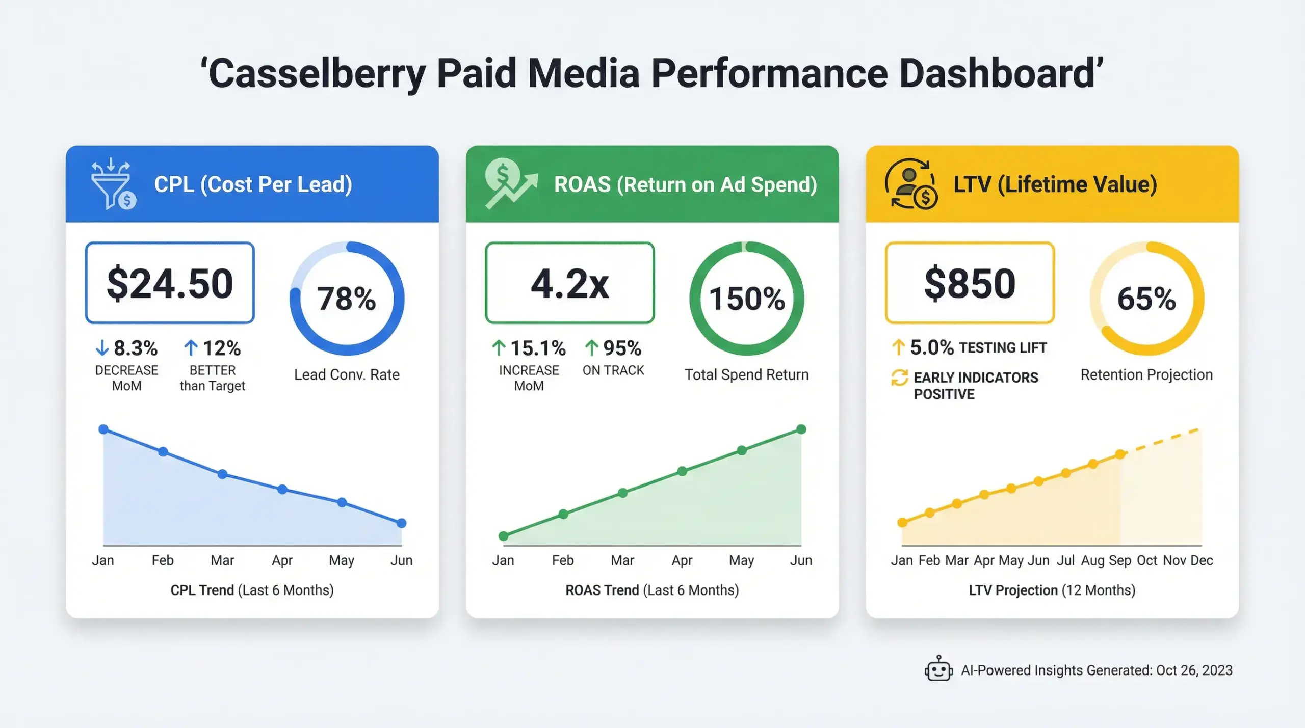 Casselberry Paid Media dashboard infographic displaying cost per lead, ROAS, and customer lifetime value metrics