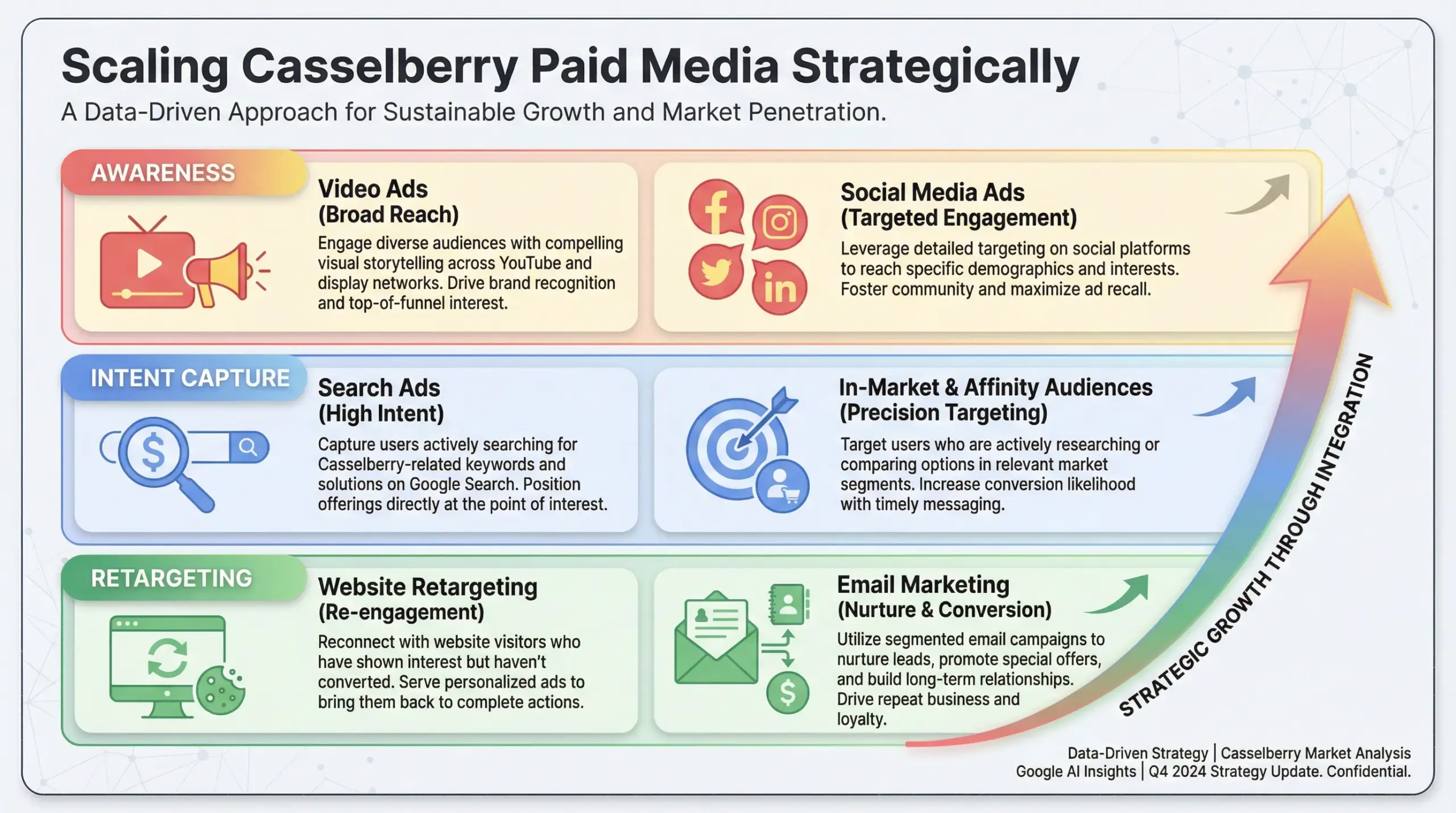 Casselberry Paid Media scaling framework infographic outlining awareness, intent capture, and retargeting layers
