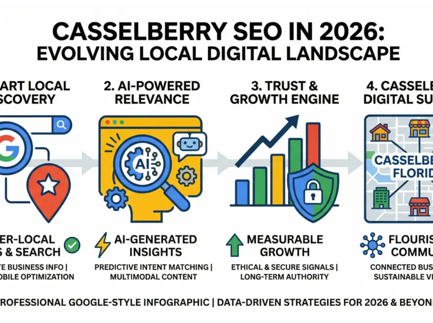 Casselberry SEO infographic showing how local businesses rank on Google Search, Maps, and AI results in 2026