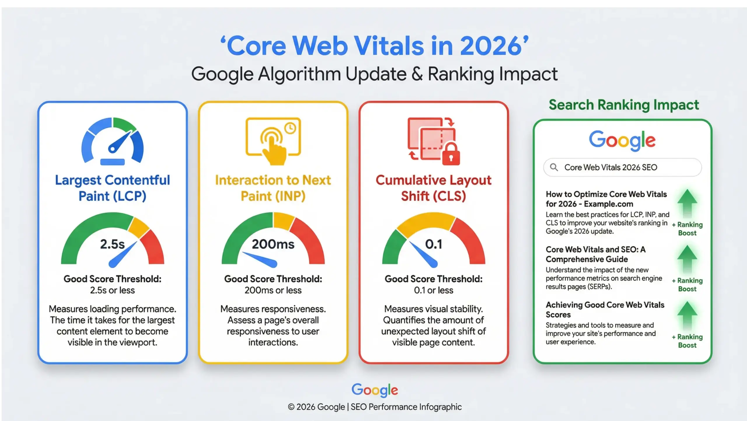 Core Web Vitals 2026 infographic showing LCP INP CLS and Google algorithm ranking factors