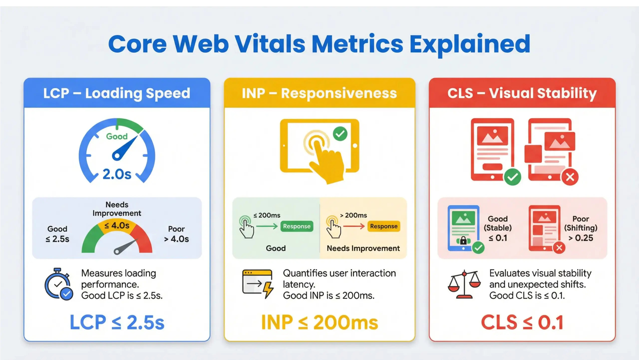 Core Web Vitals metrics breakdown showing LCP INP and CLS performance thresholds in 2026