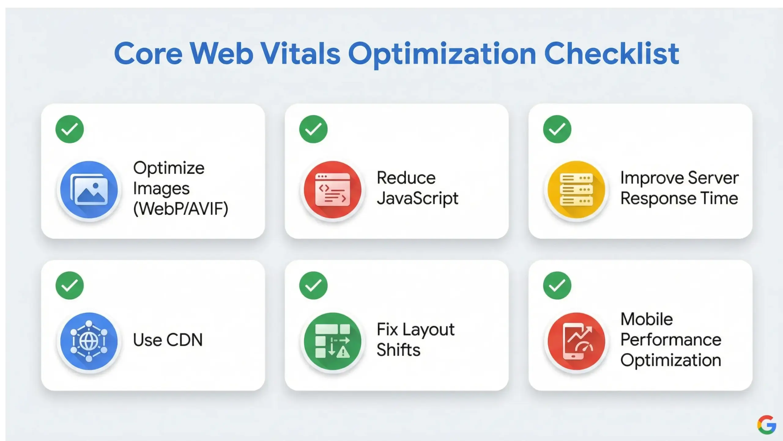 Core Web Vitals optimization checklist infographic for improving LCP INP and CLS in 2026