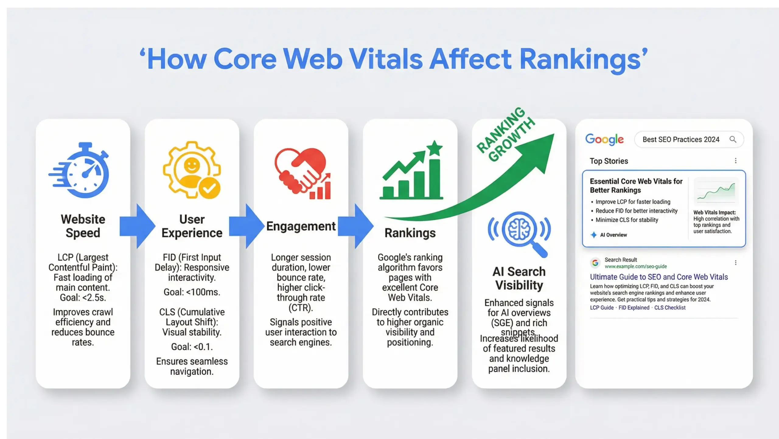 Core Web Vitals ranking impact infographic showing how page experience affects Google search results