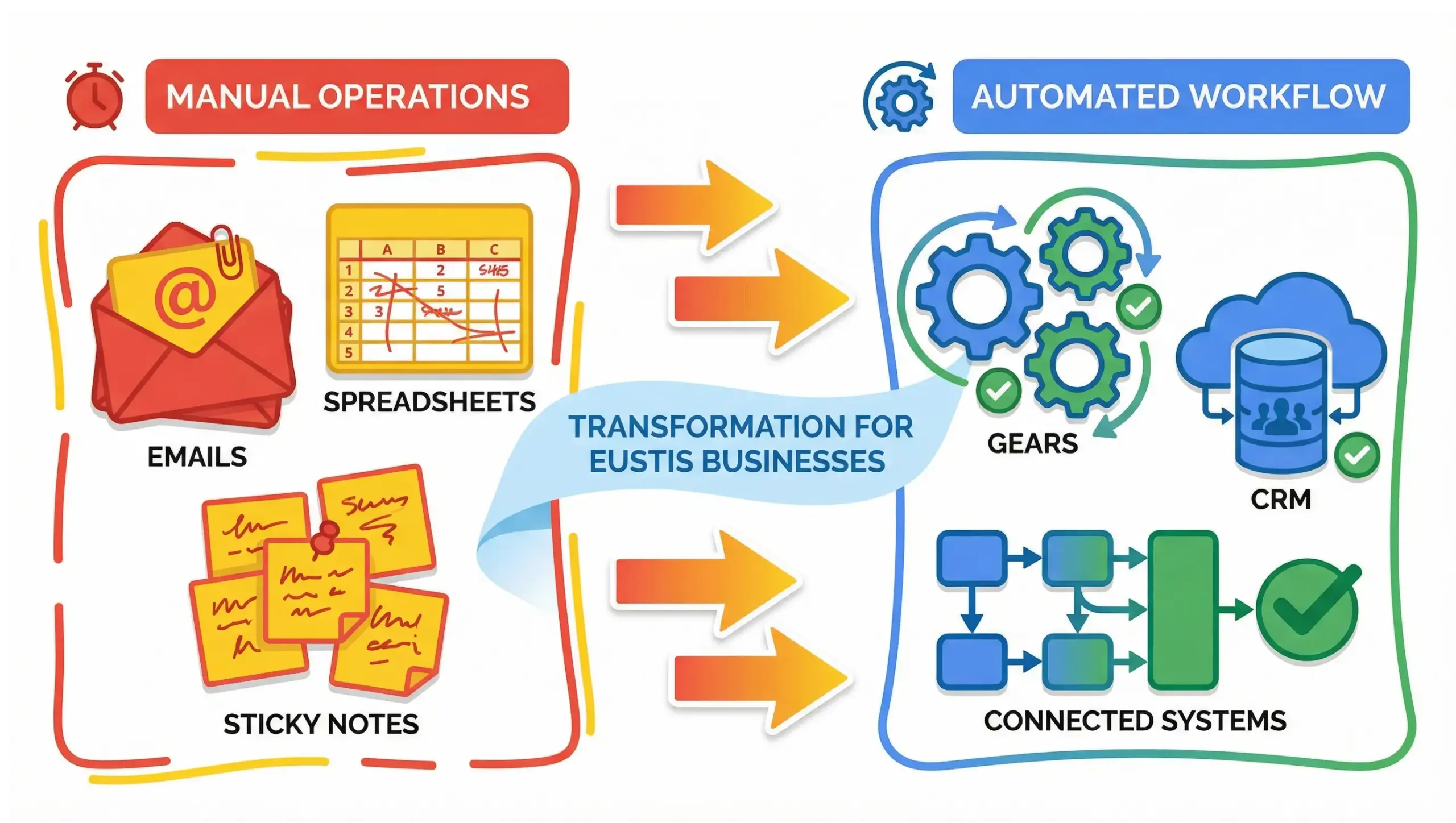 Eustis business automation workflow infographic showing automated processes replacing manual tasks