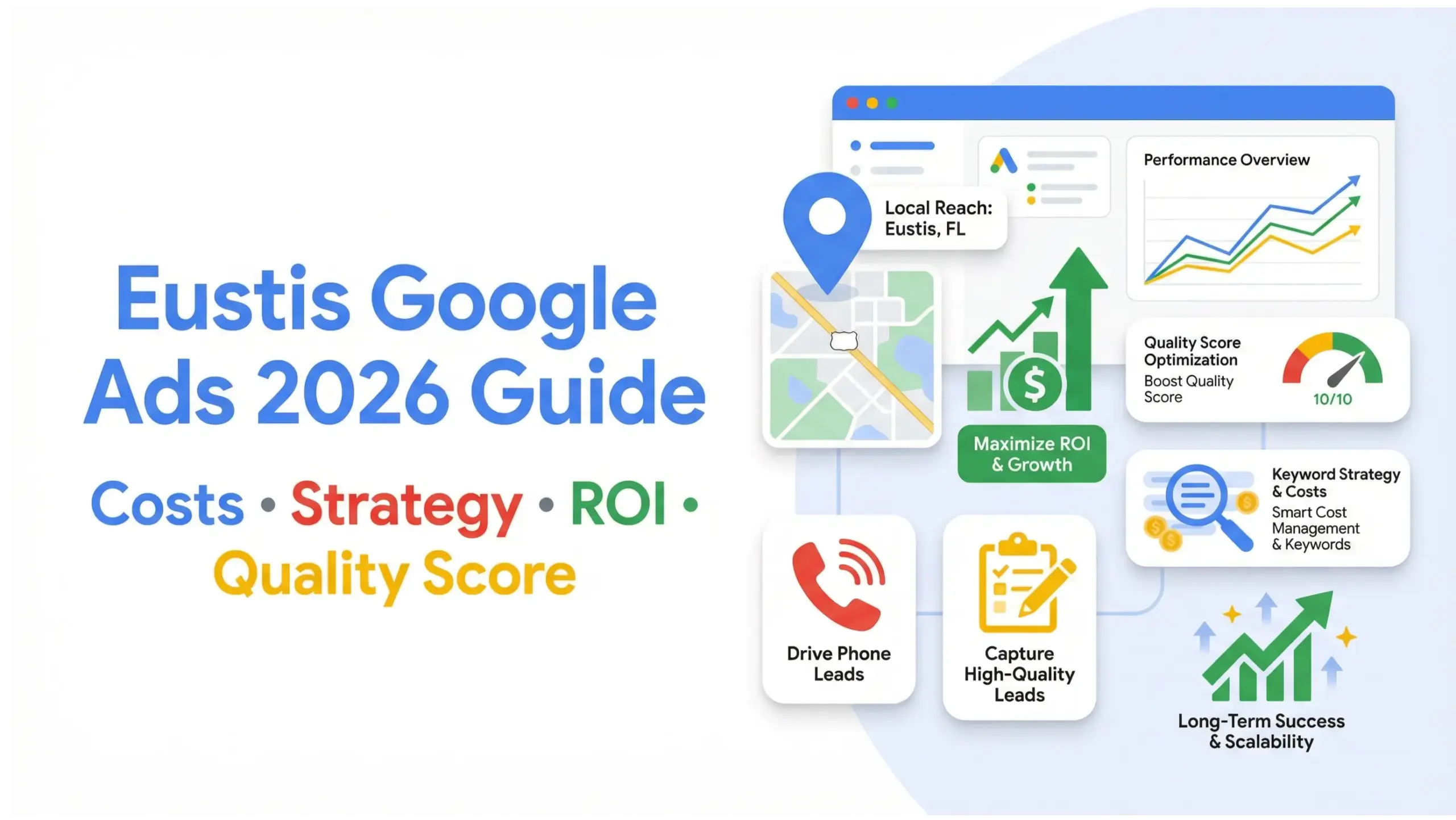 Eustis Google Ads 2026 strategy infographic showing local PPC growth, ROI, and Quality Score optimization.