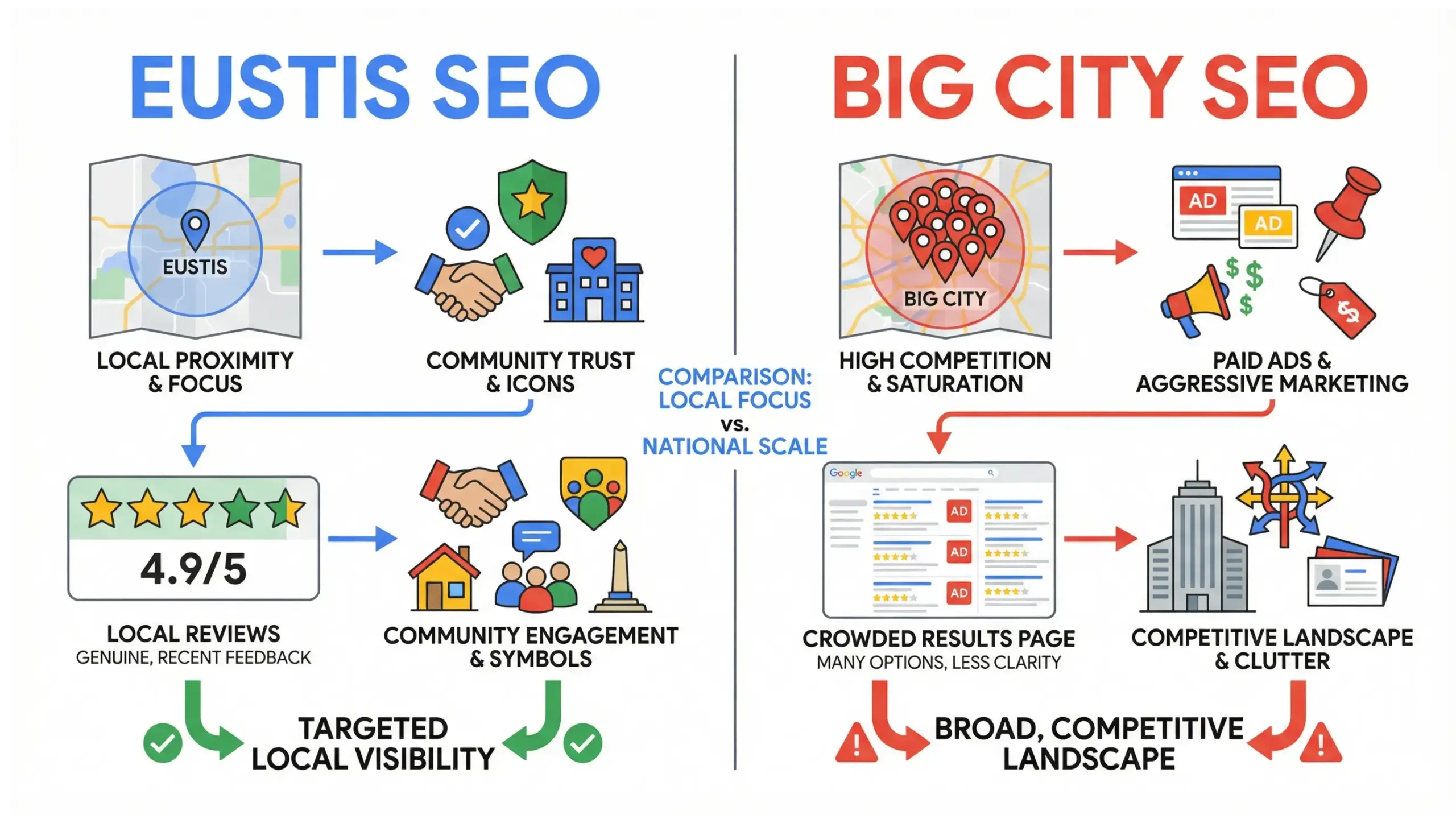 Eustis SEO comparison infographic showing local SEO versus big city SEO strategies