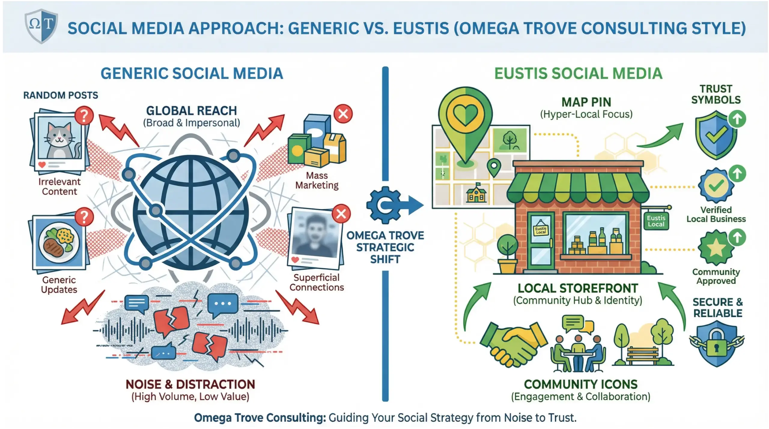 Eustis social media infographic comparing local strategy versus generic social media marketing