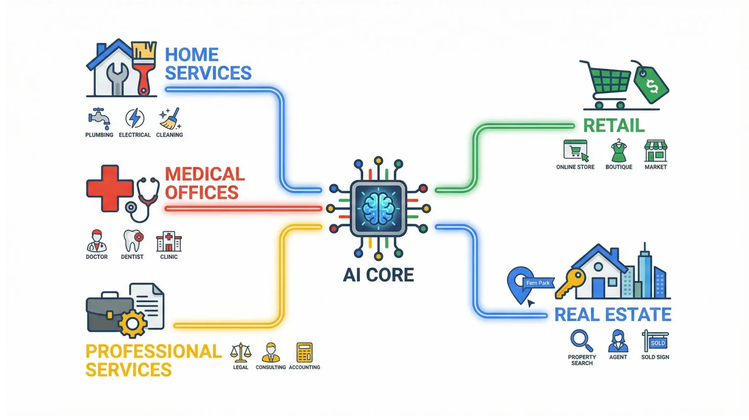 Fern Park AI solutions infographic showing businesses that benefit from AI employees