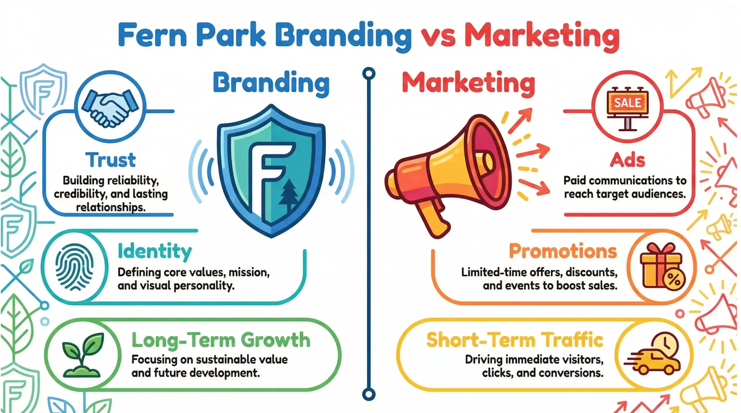 Fern Park branding vs marketing infographic comparing long-term brand identity with short-term promotional tactics for local businesses