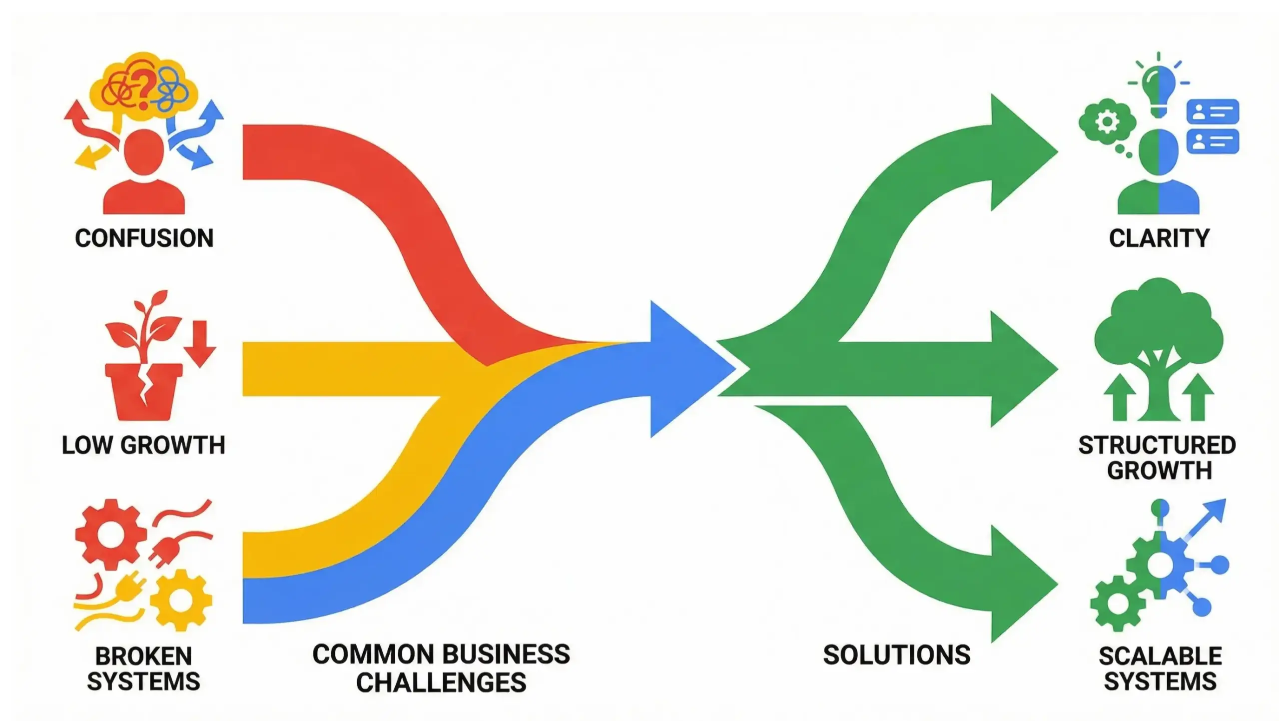 Fern Park business consulting infographic showing business challenges turning into growth solutions