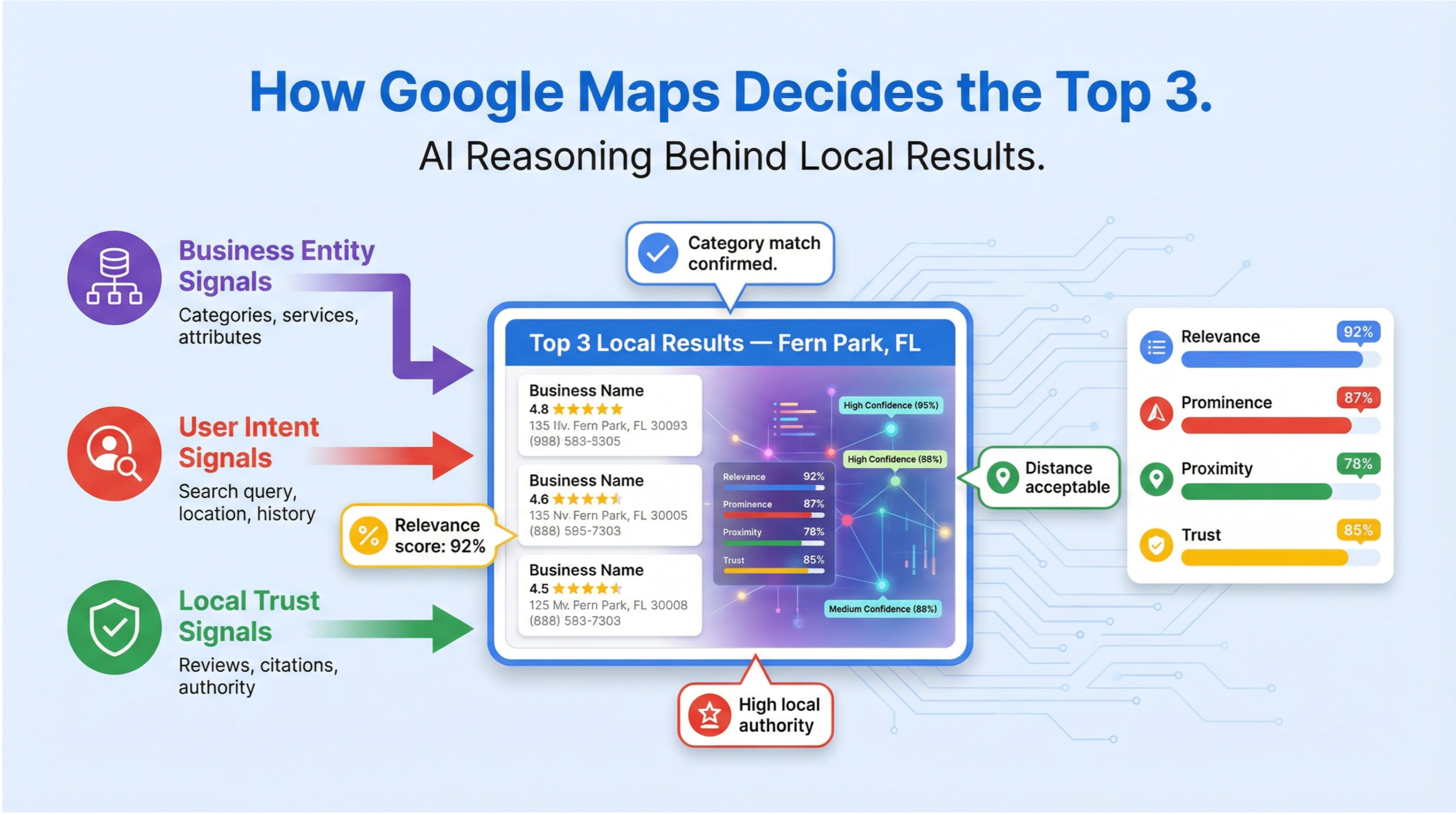 Fern Park Google Maps SEO infographic showing how relevance, prominence, and proximity are weighted differently in local rankings