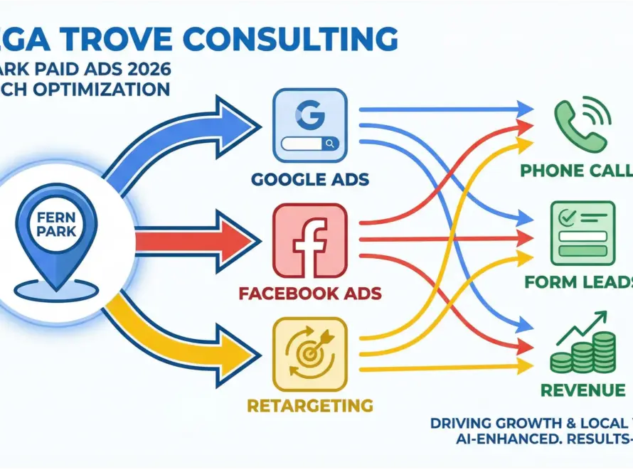 Fern Park paid ads infographic showing local Google Ads strategy, ROI growth, and lead generation flow