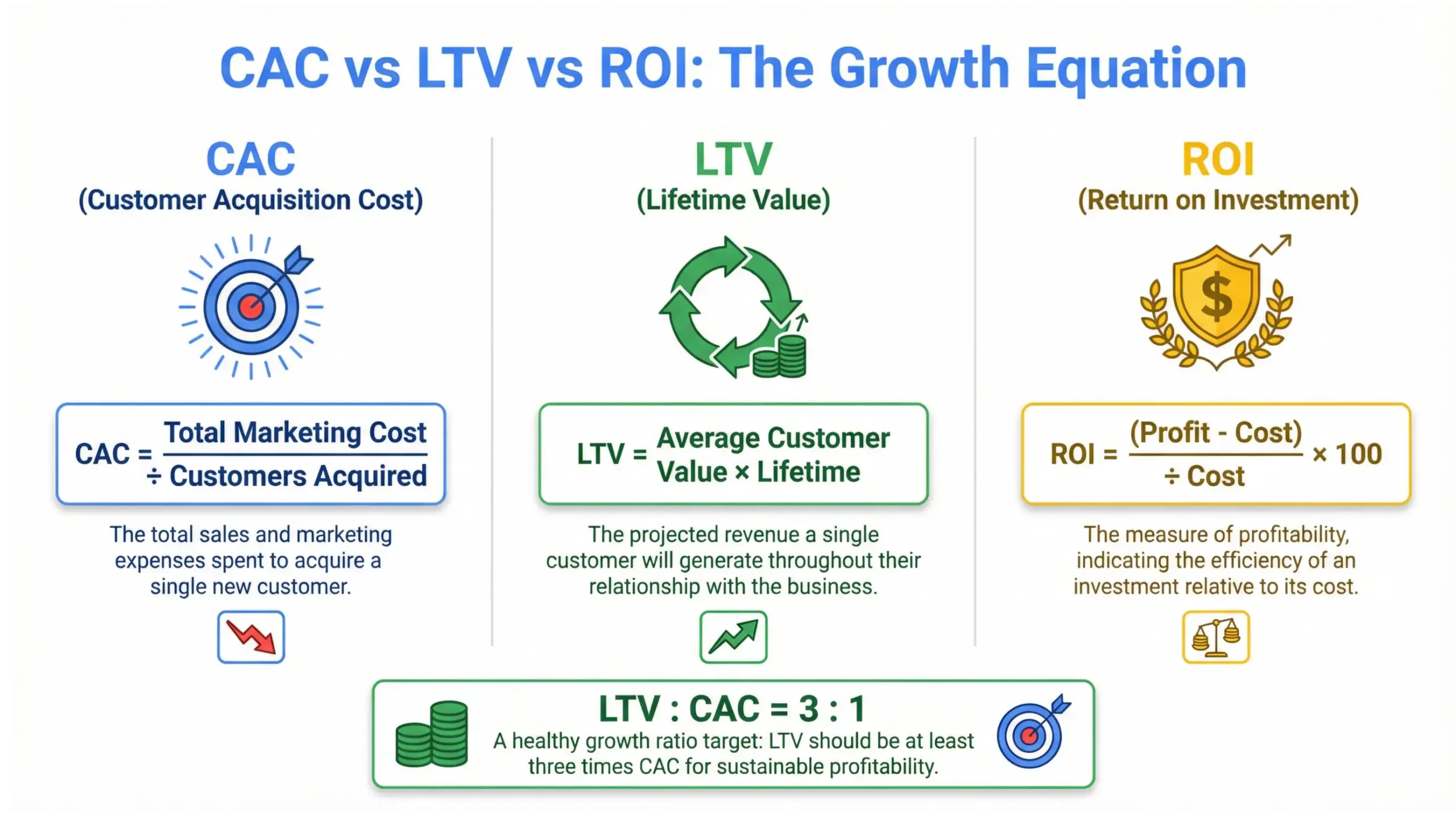Financial metrics infographic comparing customer acquisition cost CAC, lifetime value LTV and return on investment ROI for sustainable growth