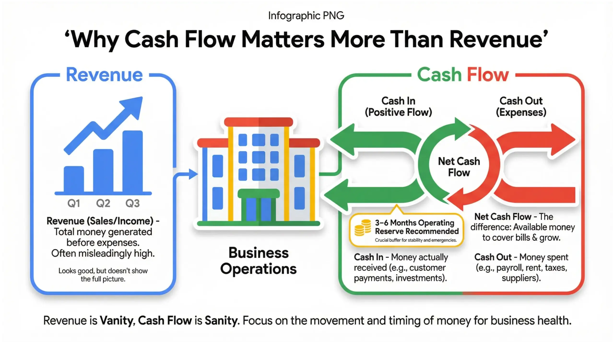 Financial metrics infographic explaining cash flow movement in and out of a business with visual arrows and liquidity reserve concept