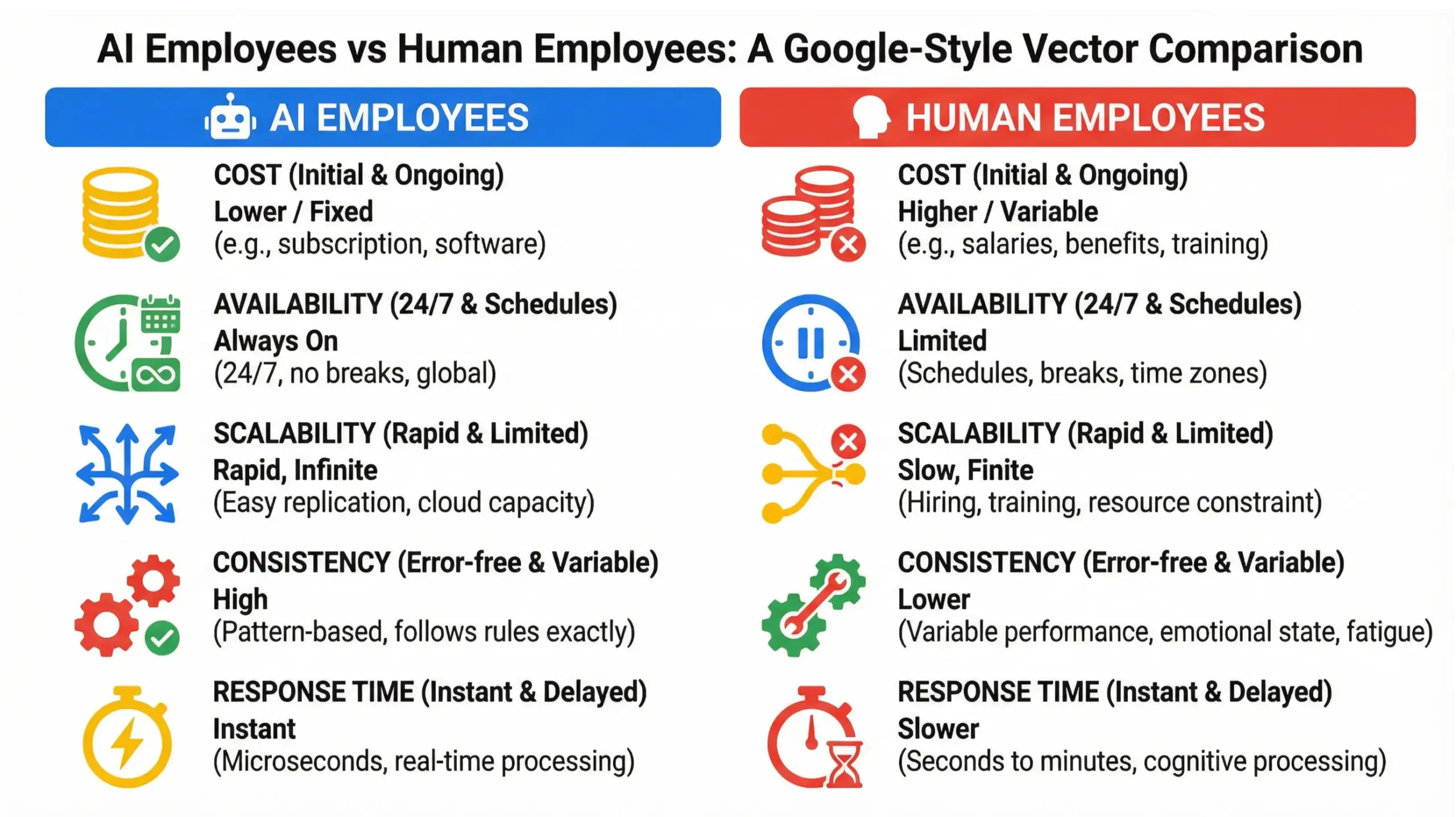 Goldenrod AI solutions comparison infographic showing benefits of AI employees versus human staff