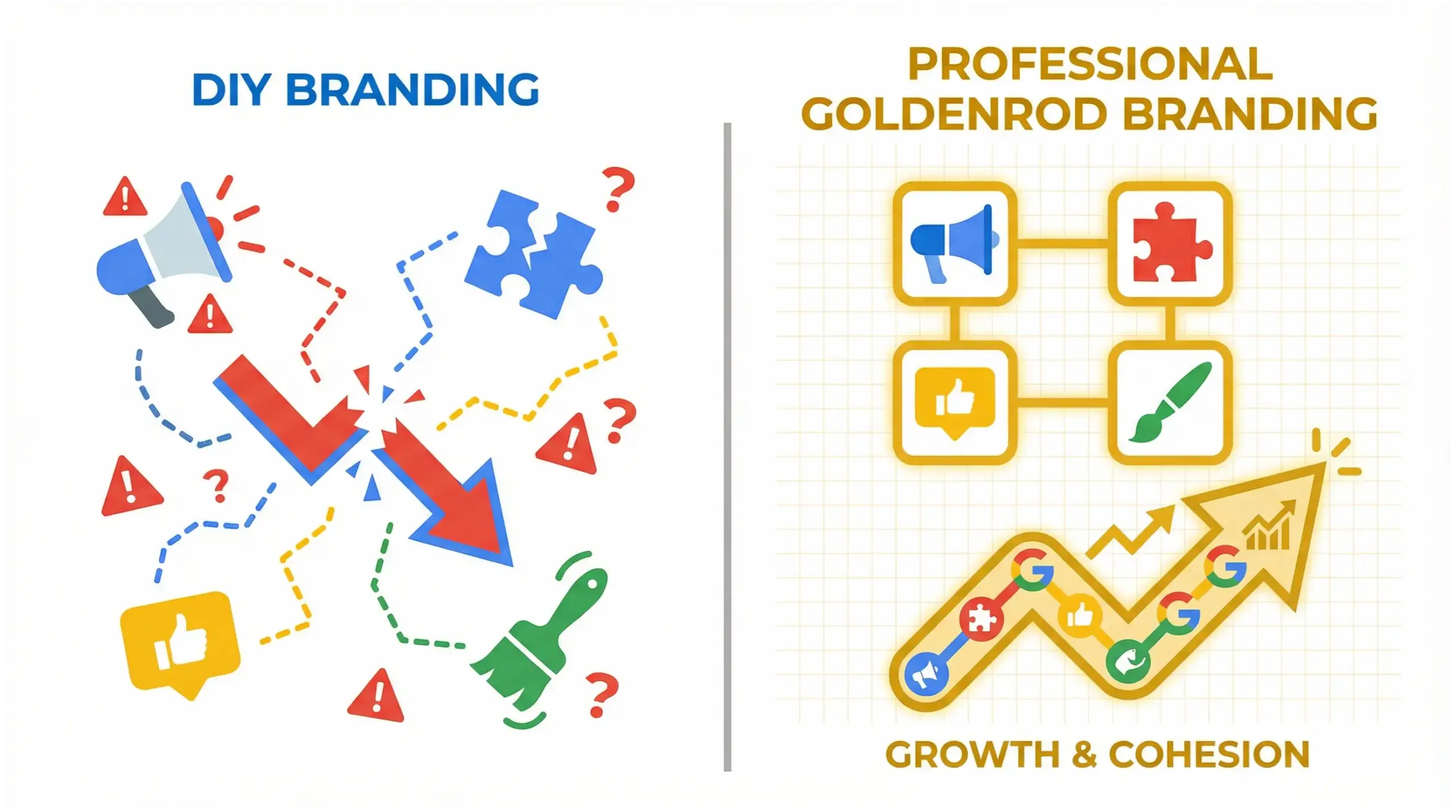 Goldenrod branding infographic comparing DIY branding versus professional branding services for local businesses