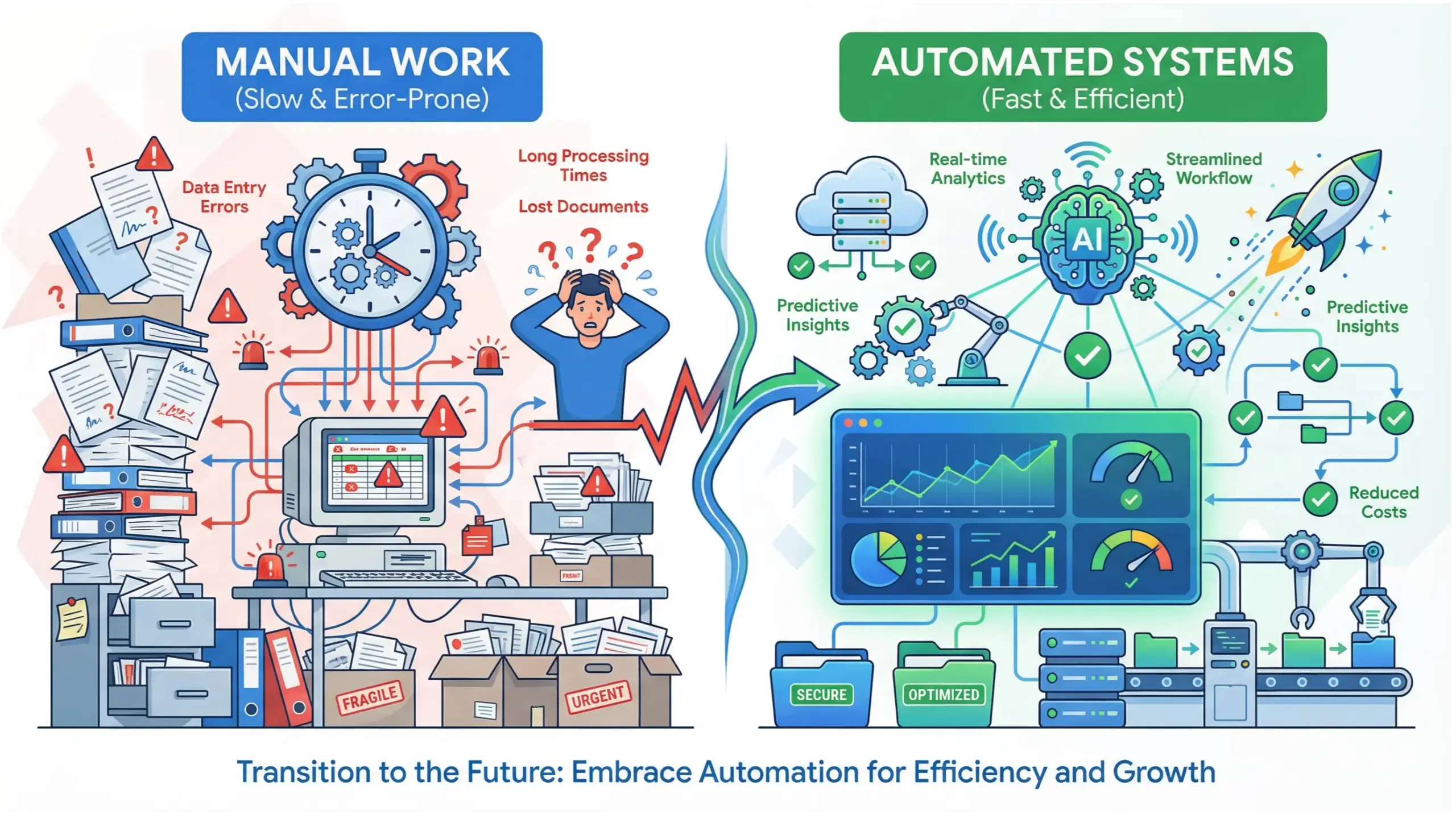 Goldenrod business automation comparison infographic showing manual work versus automated business systems