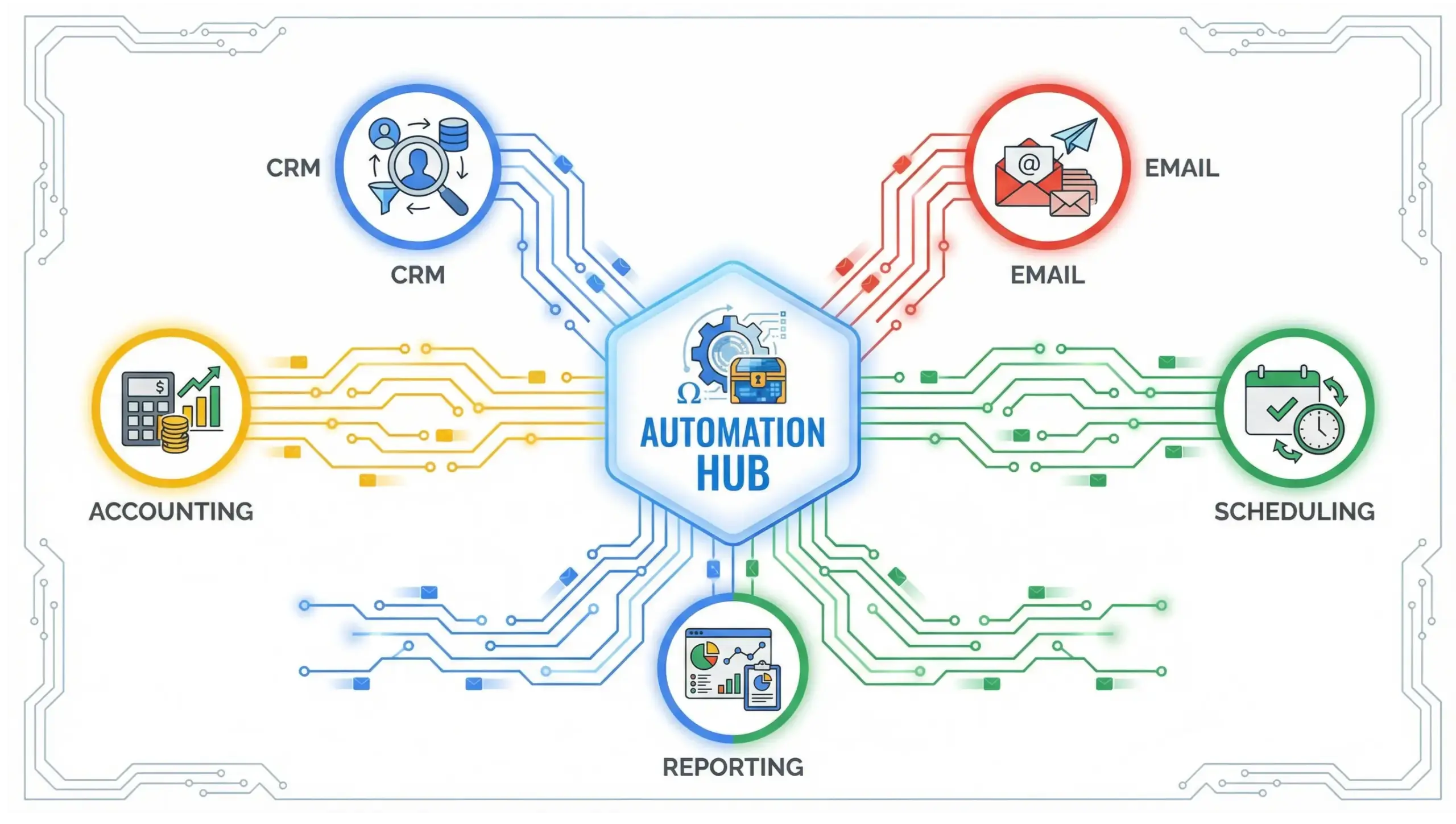 Goldenrod business automation system integrations infographic connecting CRM, email, scheduling, and accounting tools