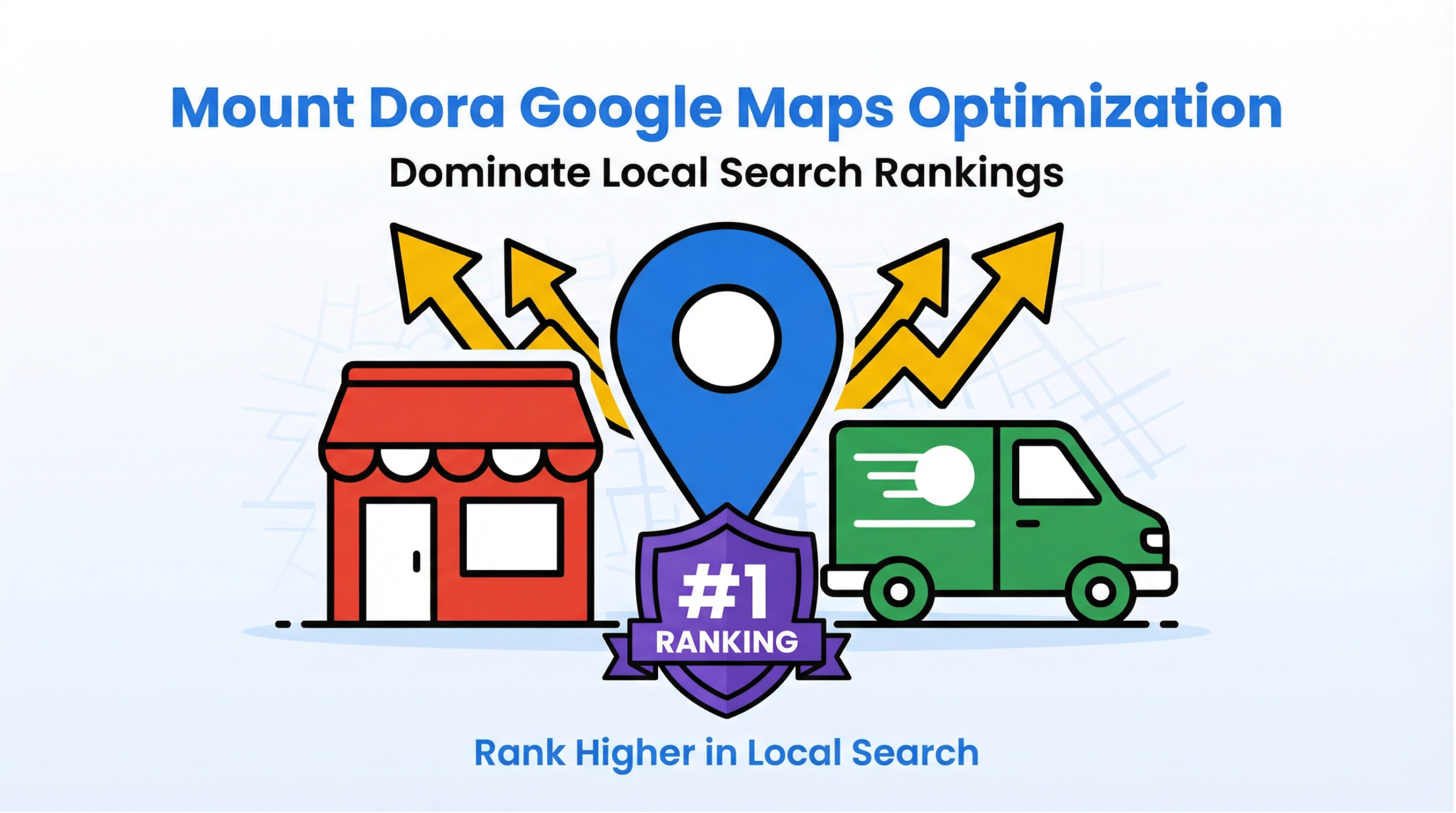 Google Maps optimization Mount Dora feature image showing map pin, storefront, and ranking growth icons in Omega Trove infographic style