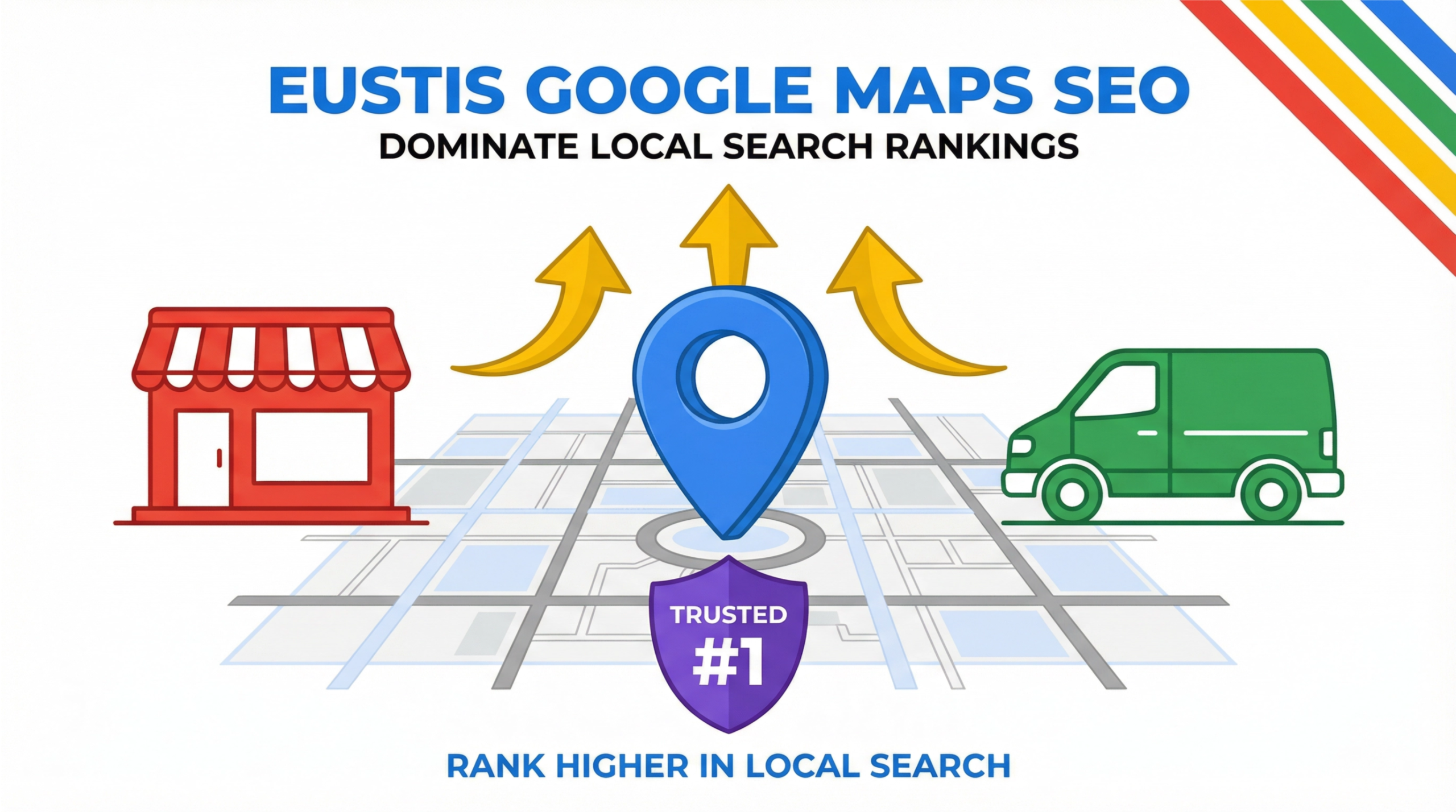 Google Maps SEO Eustis feature infographic showing map pin, storefront, service van, and ranking growth icons in Omega Trove style
