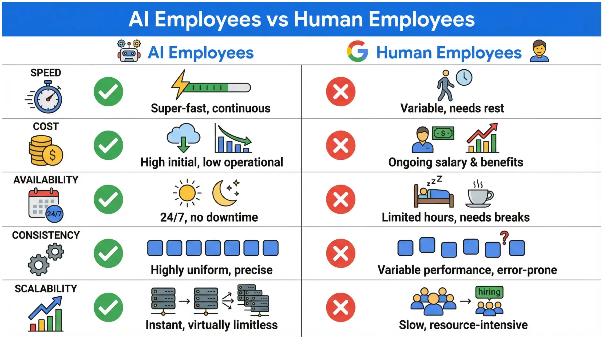 Heathrow AI solutions comparison infographic showing AI employees versus human employees