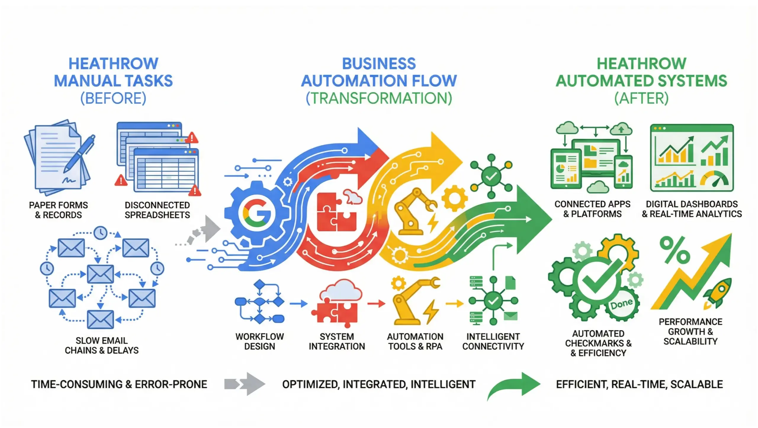 Heathrow business automation infographic showing elimination of manual work through automated systems
