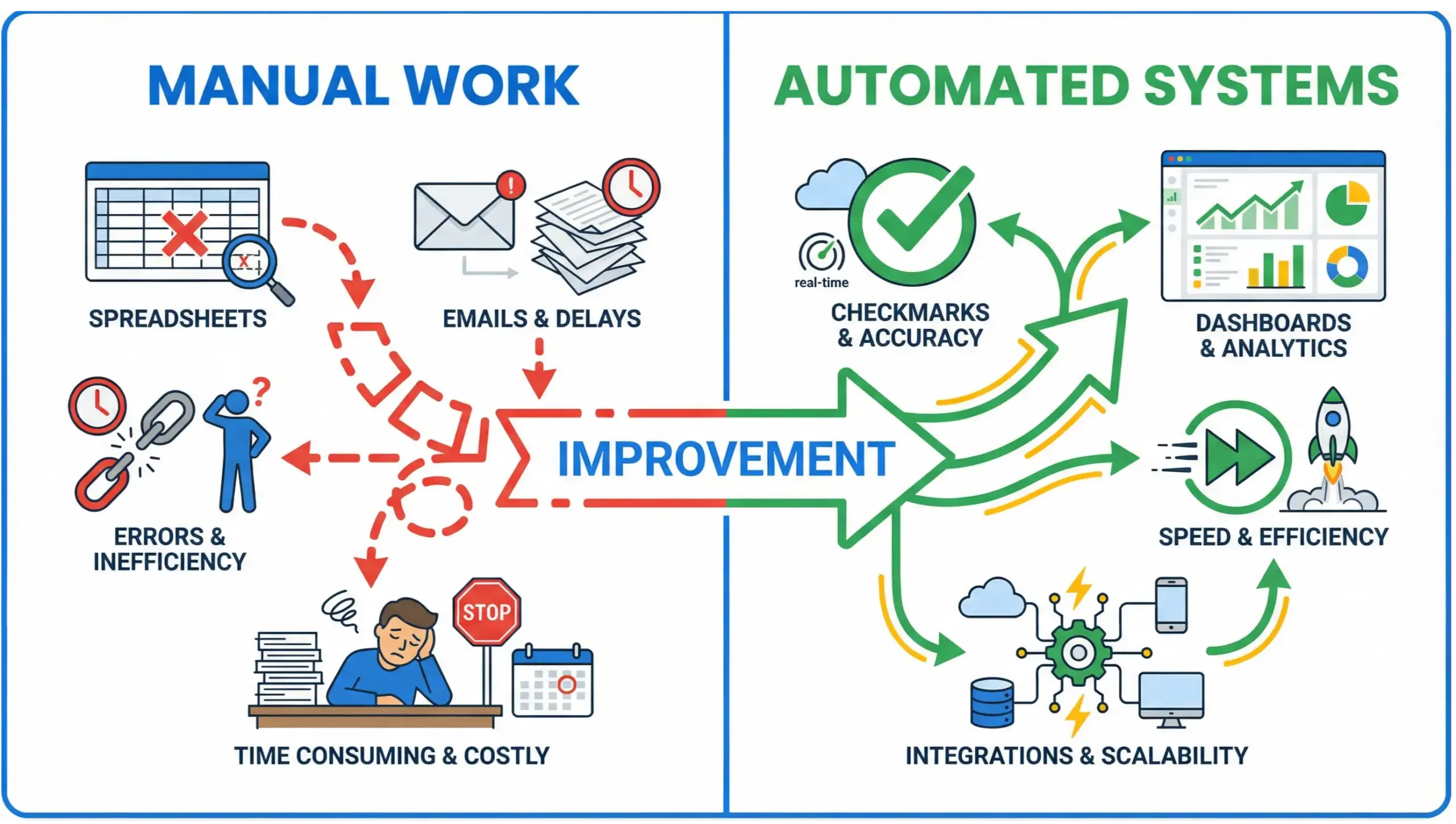 Heathrow business automation comparison infographic showing manual work versus automated systems