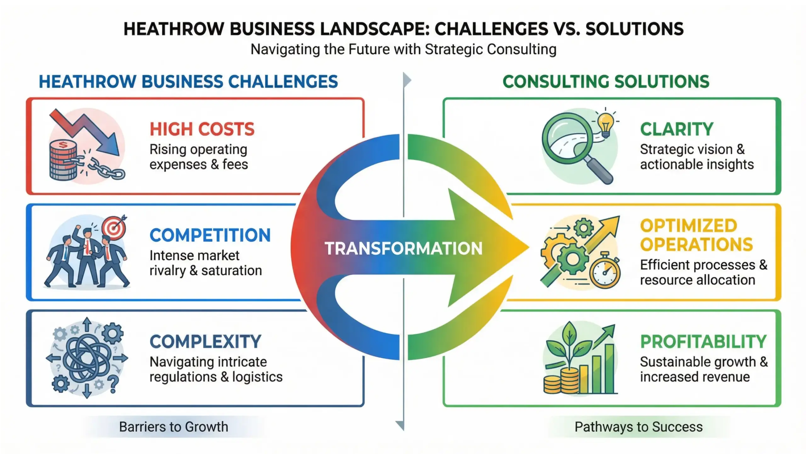 Heathrow business consulting infographic comparing local business challenges with strategic consulting solutions