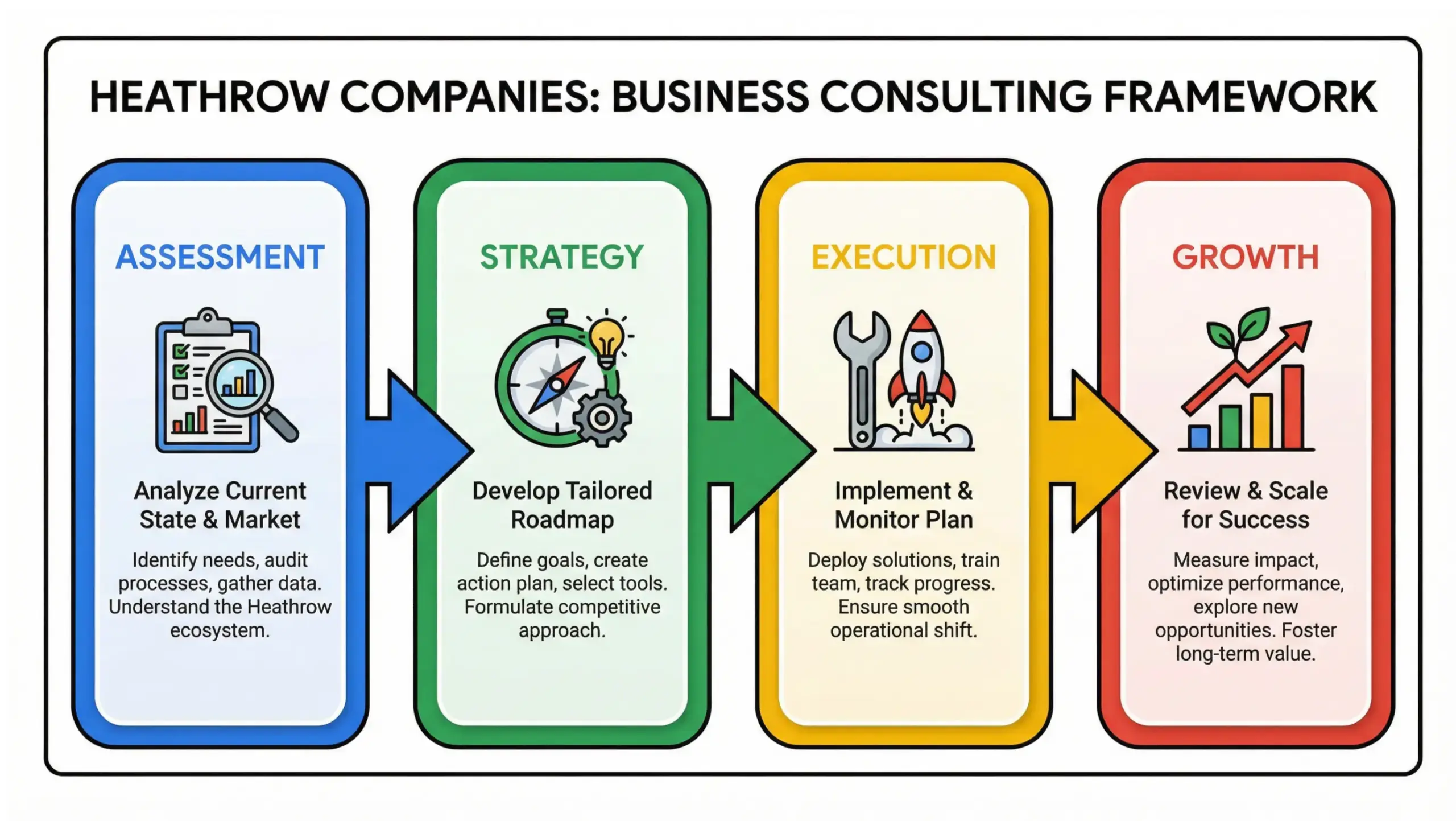 Heathrow business consulting strategy framework infographic for planning, execution, and scalable growth