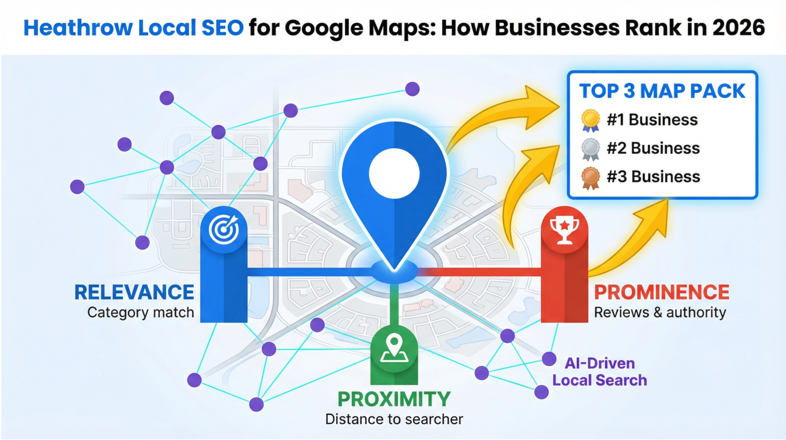 Heathrow local SEO for Google Maps infographic showing how businesses rank using relevance, proximity, and prominence in 2026