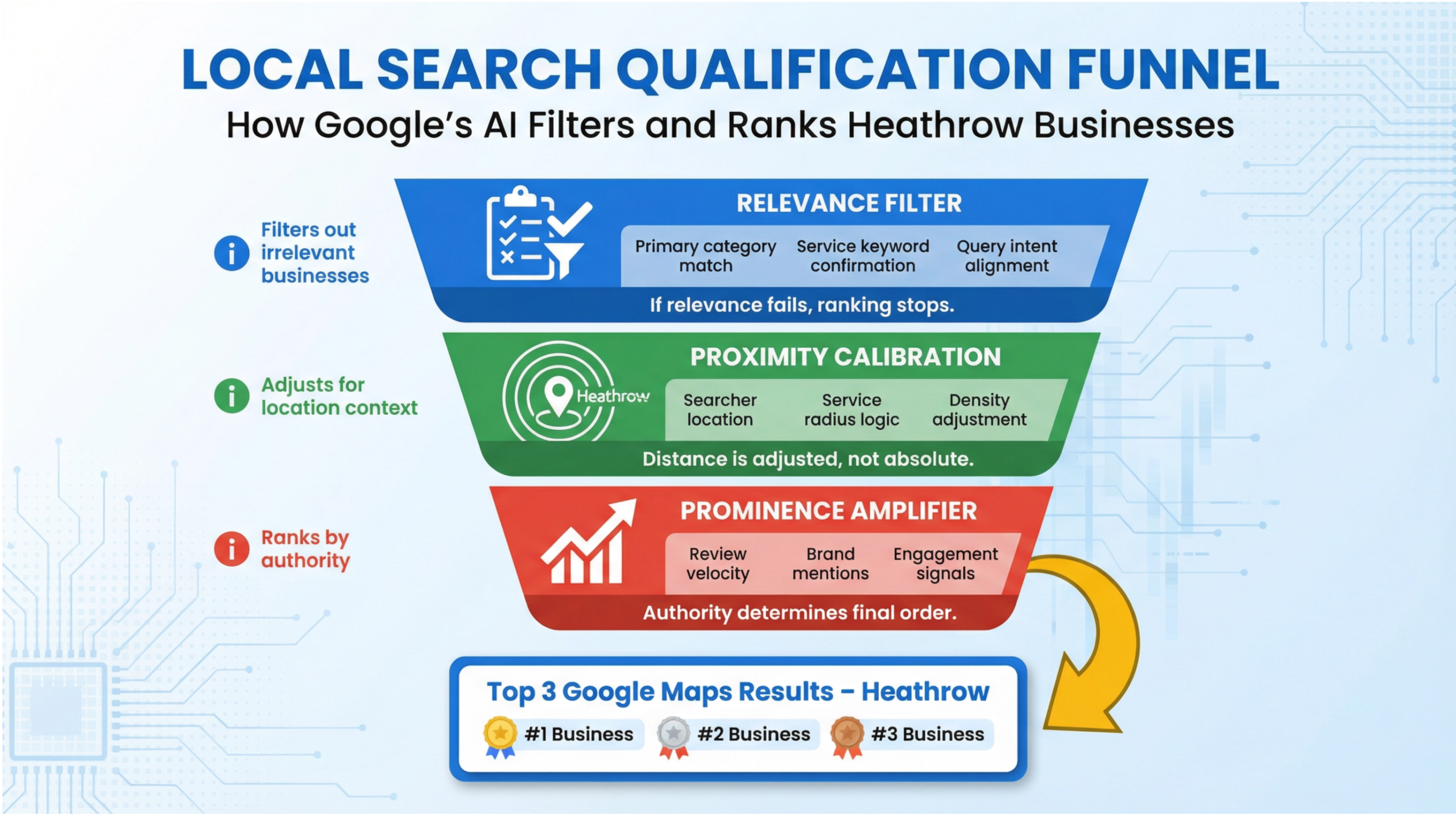 Heathrow local SEO for Google Maps infographic showing how relevance, proximity, and prominence filter and rank businesses in local search