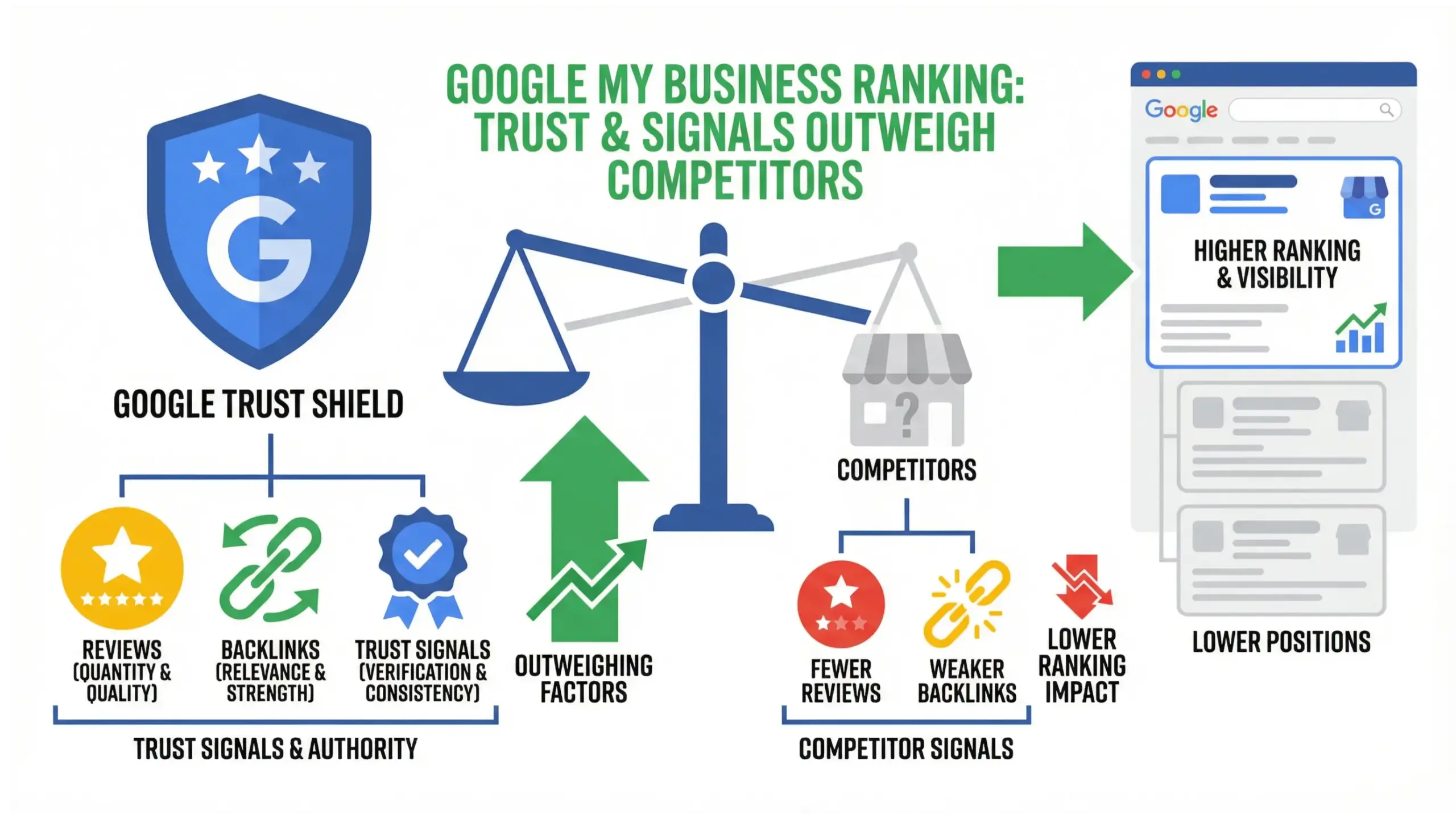 Heathrow SEO authority infographic showing how reviews, trust signals, and backlinks help businesses outperform competitors in Heathrow