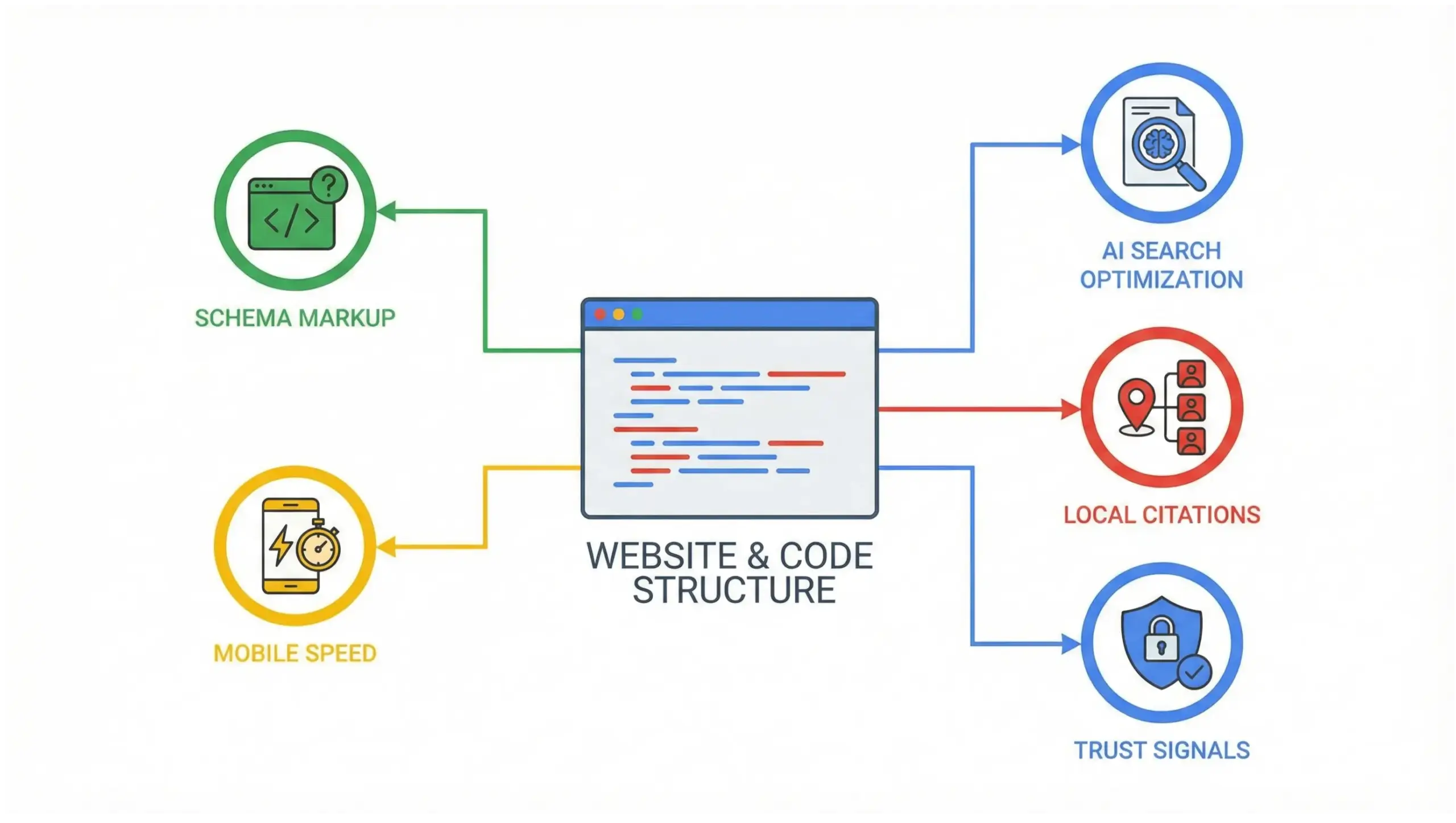 Heathrow SEO technical infographic showing how schema, site speed, and AI search optimization impact rankings in Heathrow