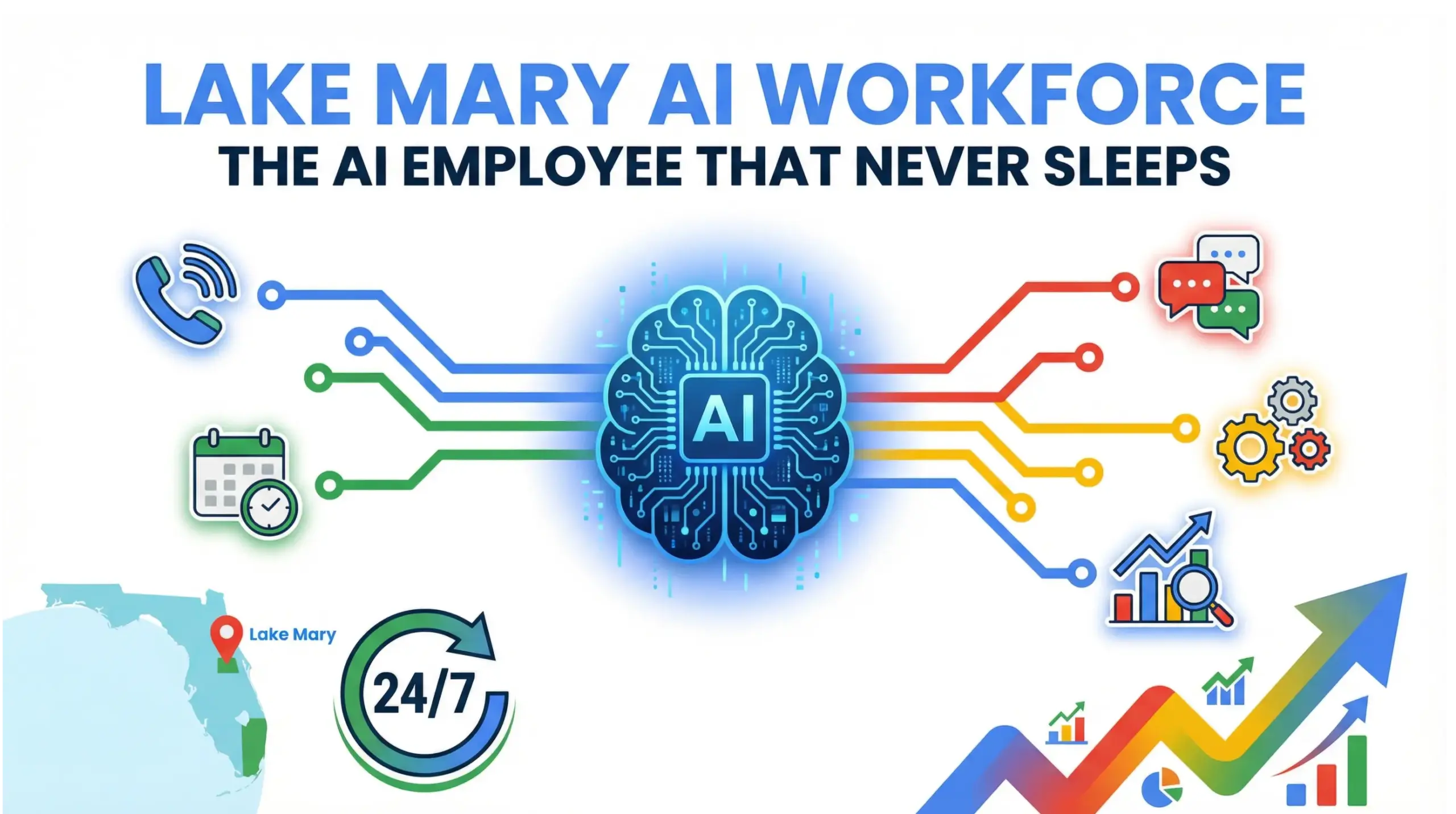 Lake Mary AI workforce infographic showing 24/7 AI employees handling calls, scheduling, automation, and business growth systems