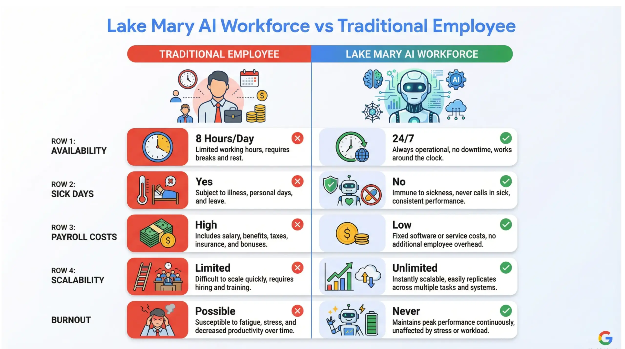 Lake Mary AI workforce vs human employee comparison infographic showing cost, availability and scalability differences
