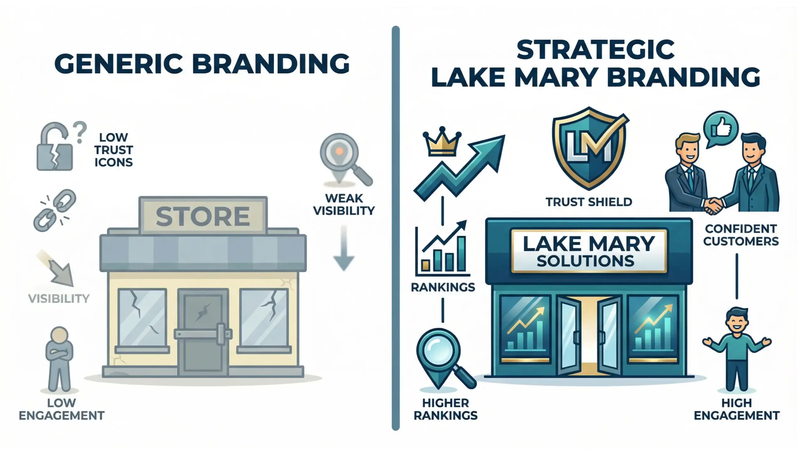 Lake Mary branding infographic comparing strong local brands versus generic businesses in a crowded market