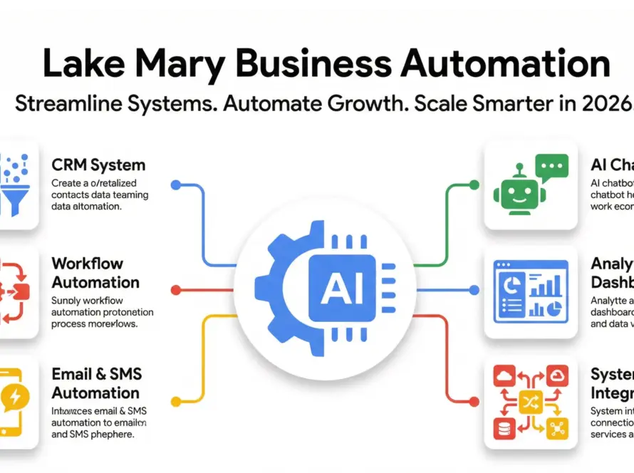 Lake Mary business automation infographic showing CRM, workflow systems, AI automation and system integrations in Google-style colors