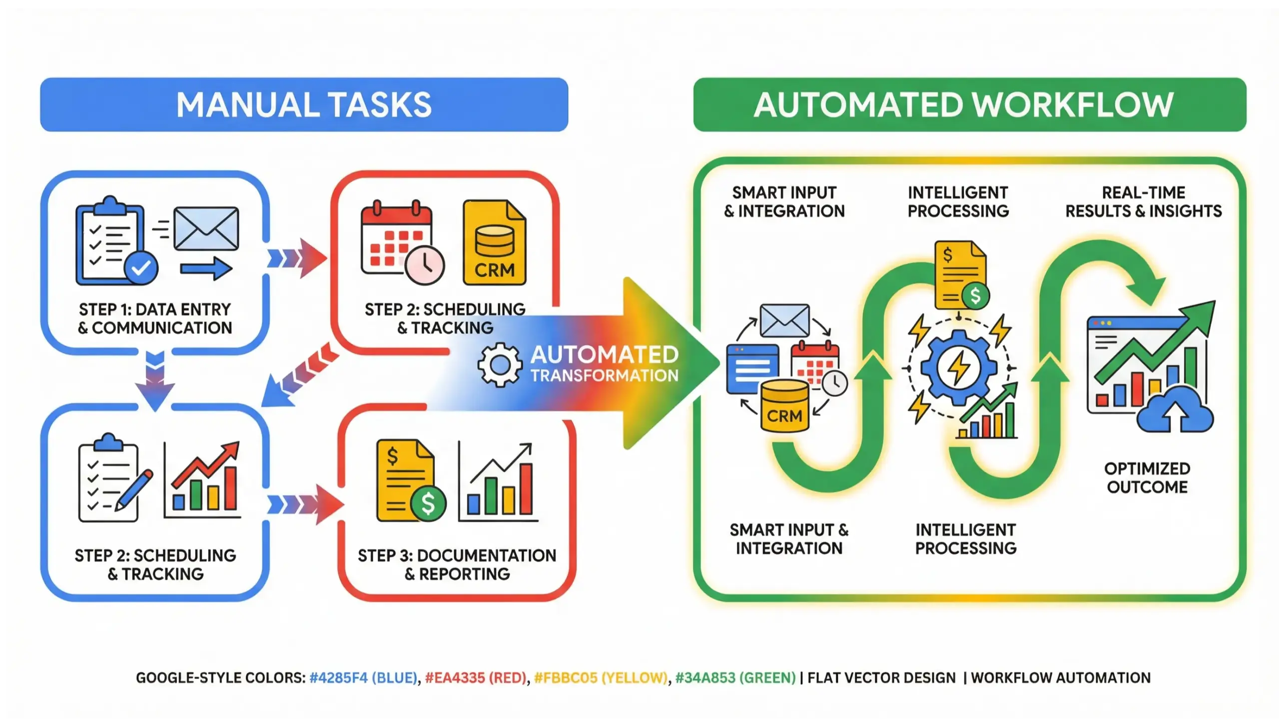 Lake Mary business automation workflow infographic showing how manual tasks are replaced by automated processes and system integrations